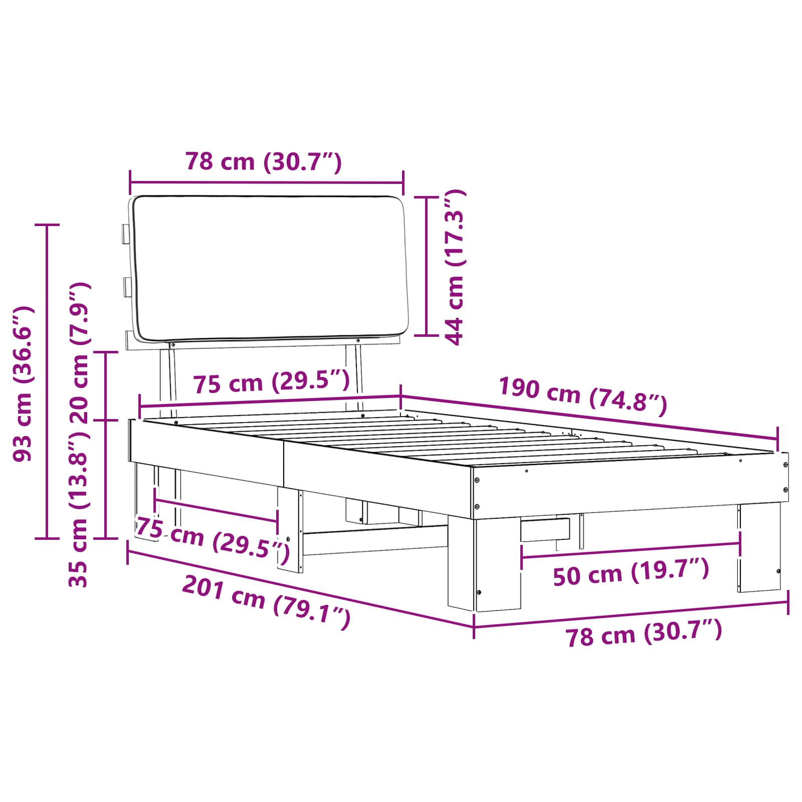 Bettgestell mit gepolstertem Kopfteil Dunkelgrau 75 x 190 cm
