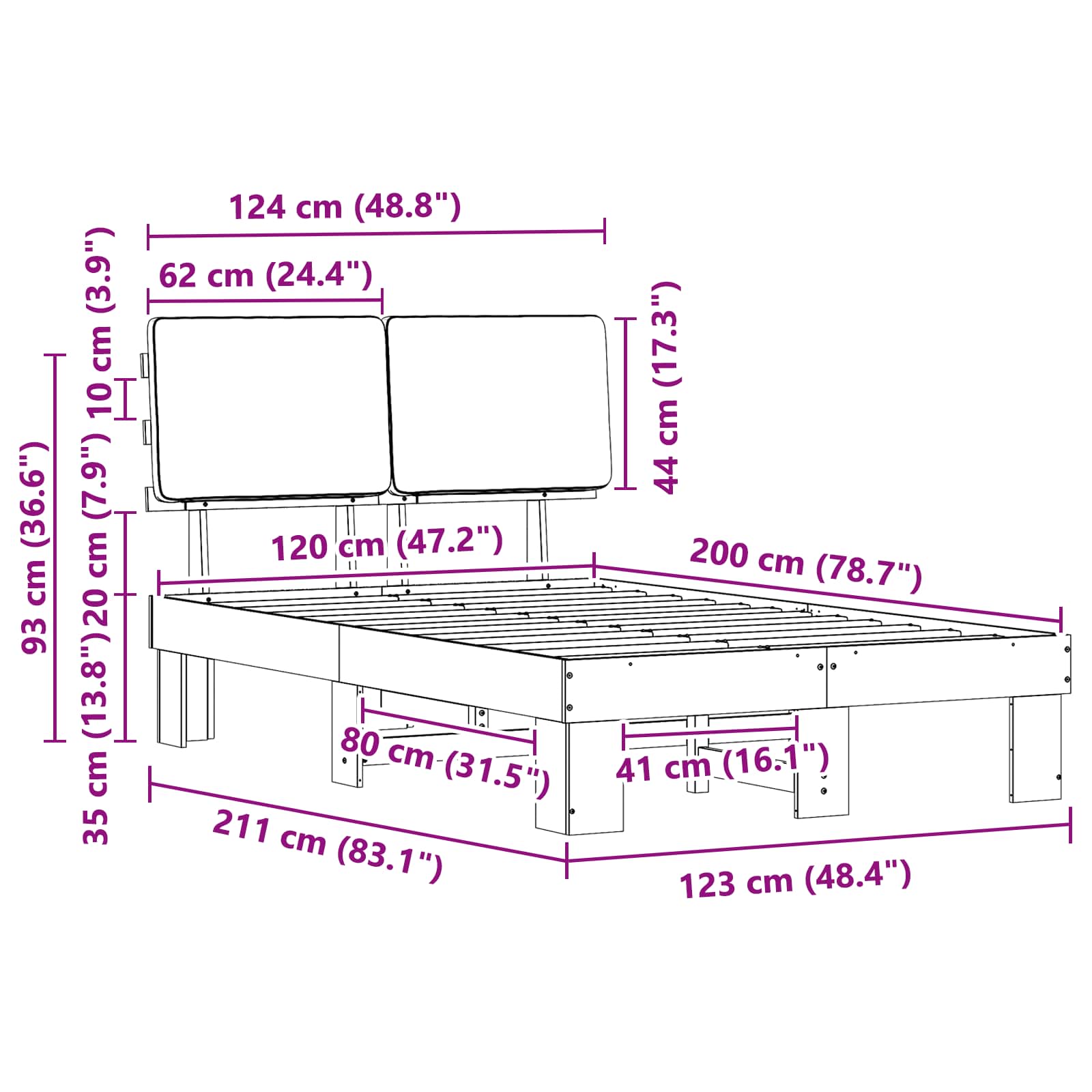 Bettgestell mit gepolstertem Kopfteil Schwarz 120 x 200 cm