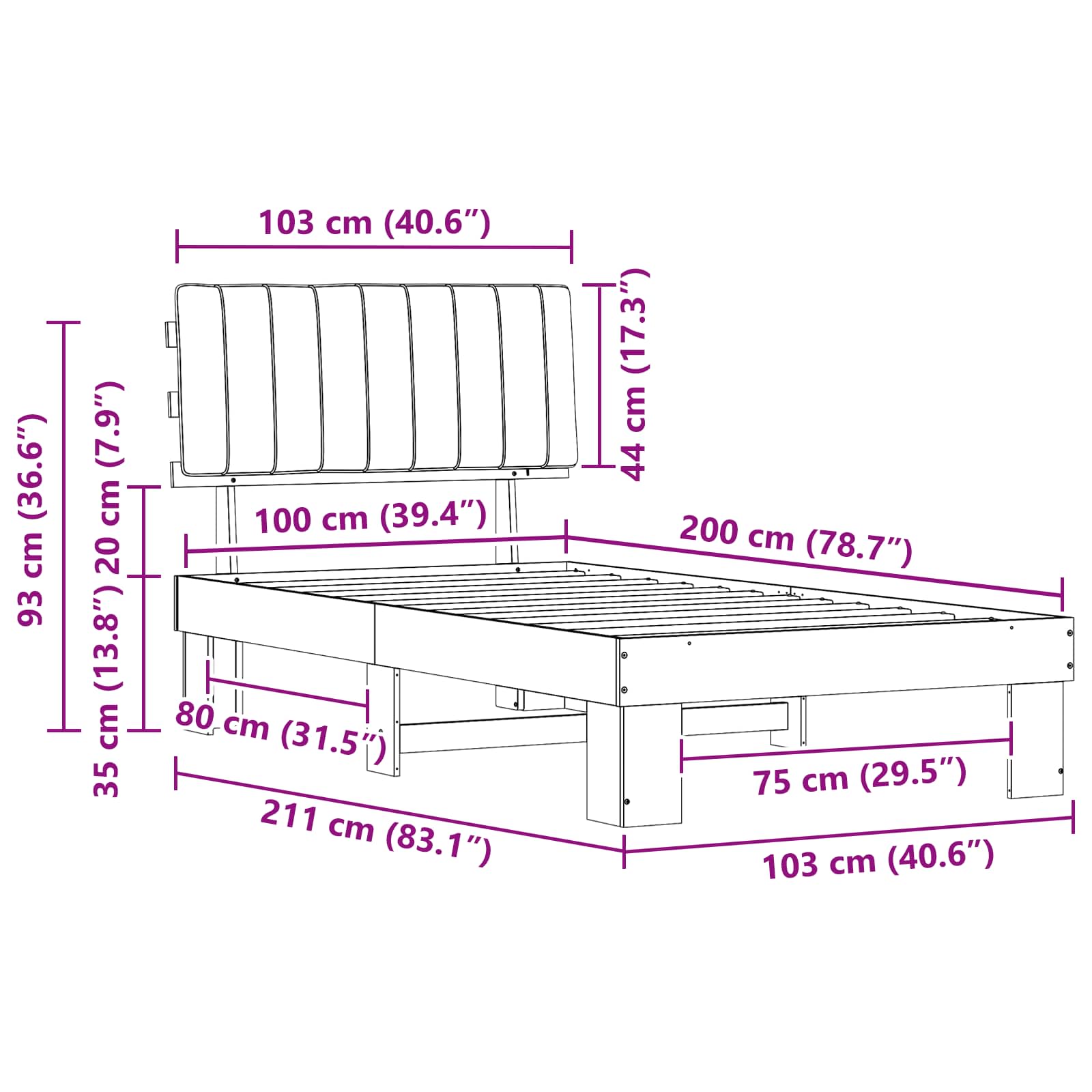 Bettgestell mit gepolstertem Kopfteil Schwarz 100 x 200 cm