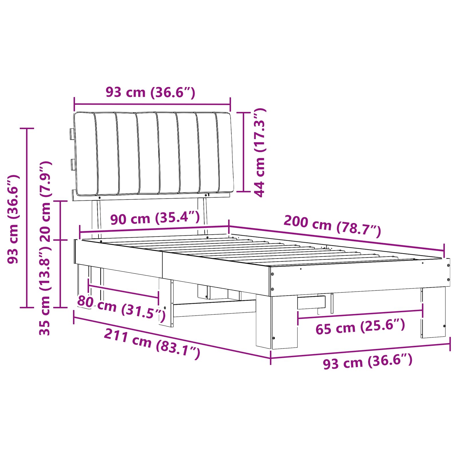 Bettgestell mit gepolstertem Kopfteil Schwarz 90 x 200 cm