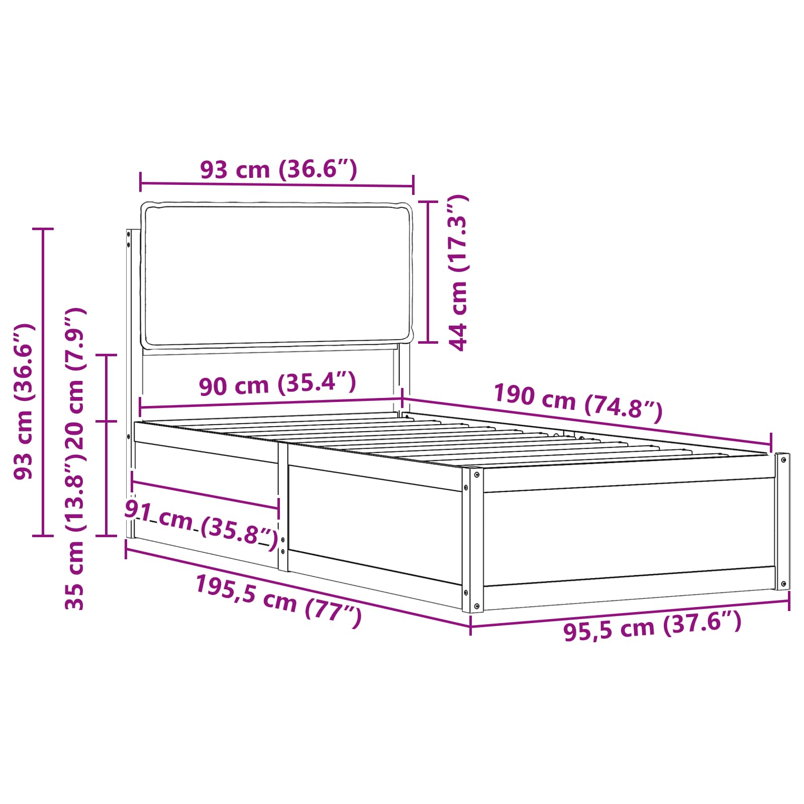 Bettgestell mit gepolstertem Kopfteil Schwarz 90 x 190 cm