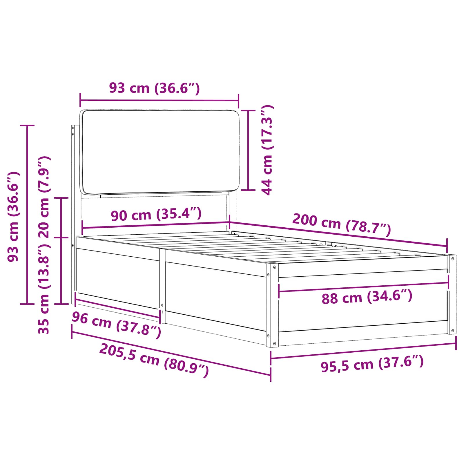 Bettgestell mit gepolstertem Kopfteil Dunkelgrau 90 x 200 cm