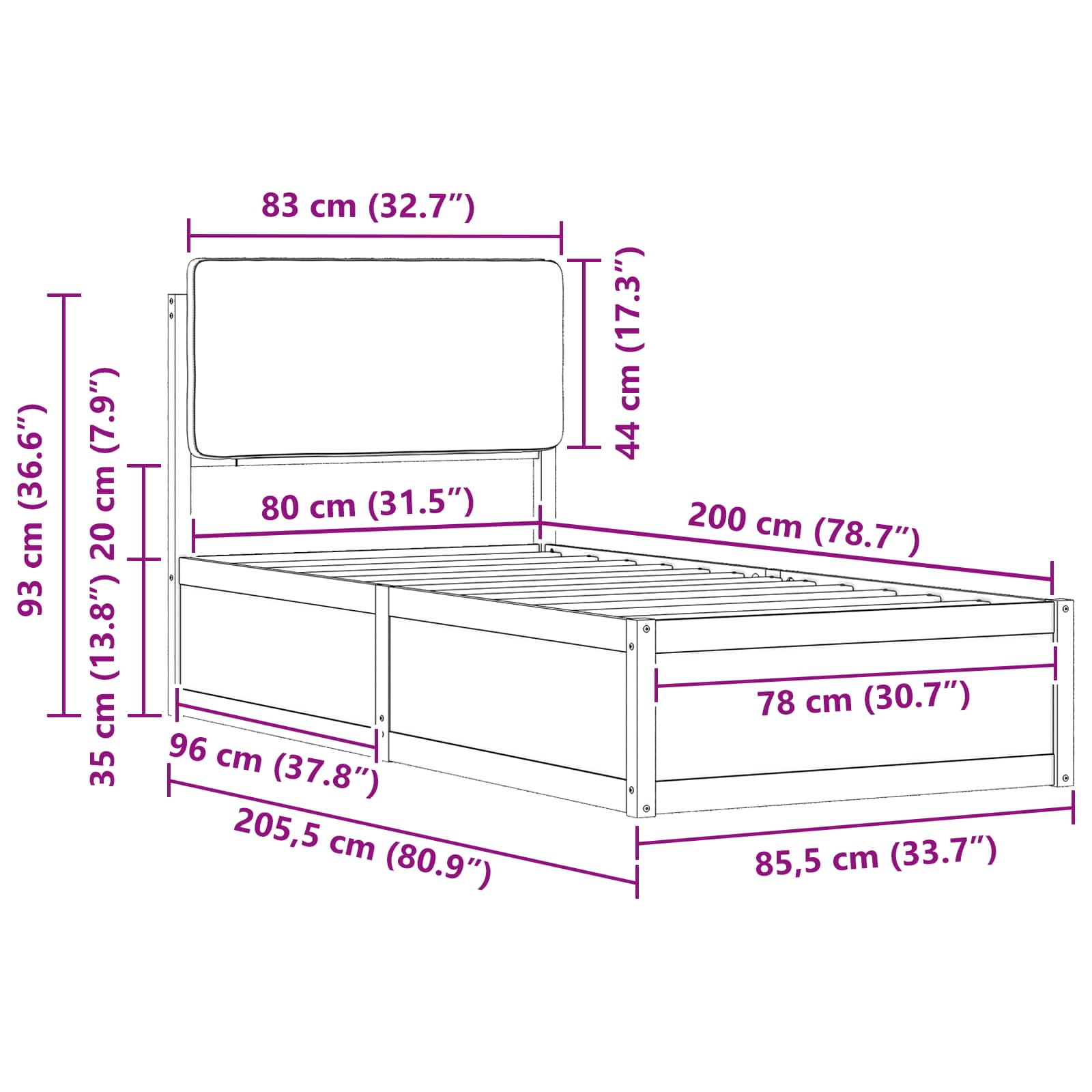 Bettgestell mit gepolstertem Kopfteil Dunkelgrau 80 x 200 cm