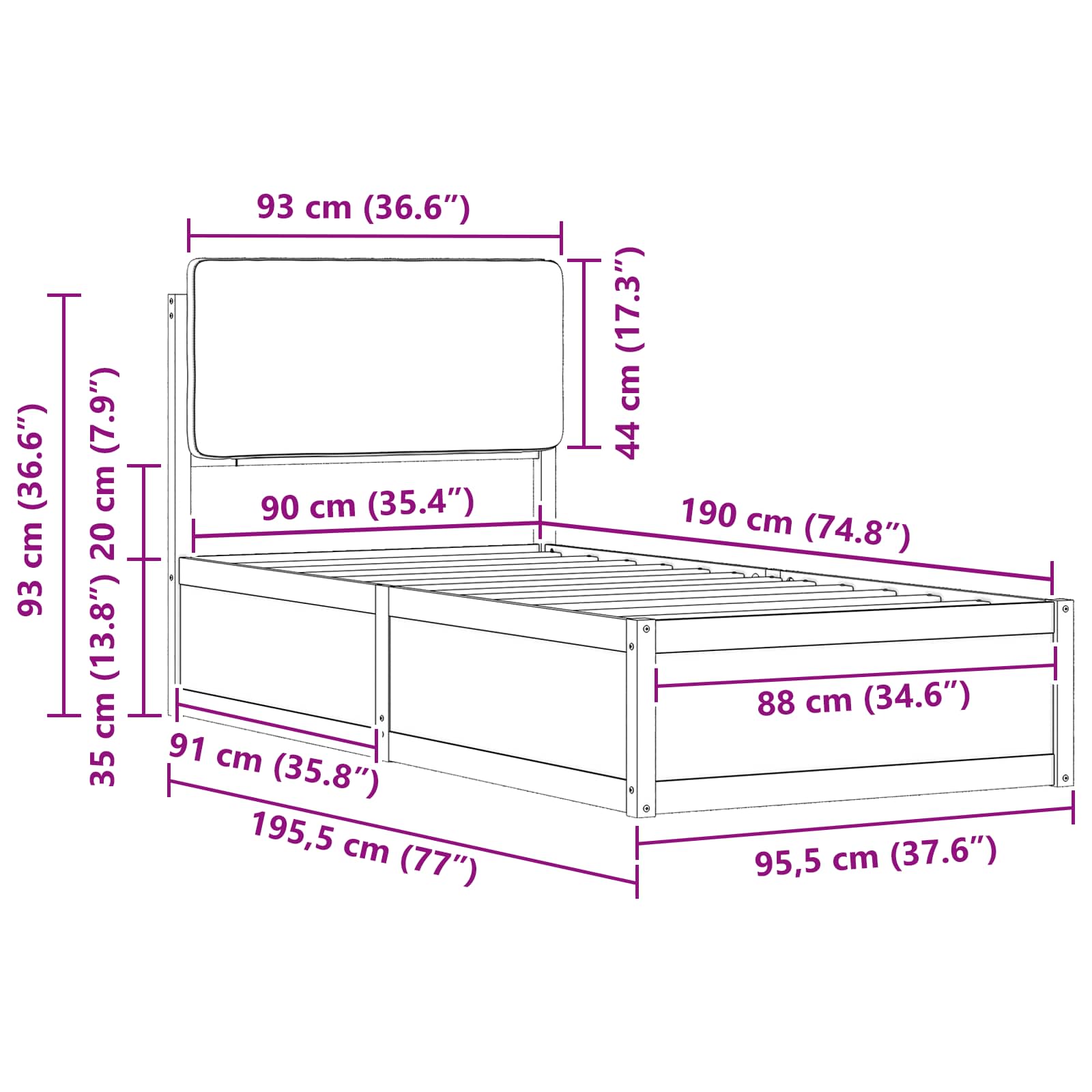 Bettgestell mit gepolstertem Kopfteil Schwarz 90 x 190 cm