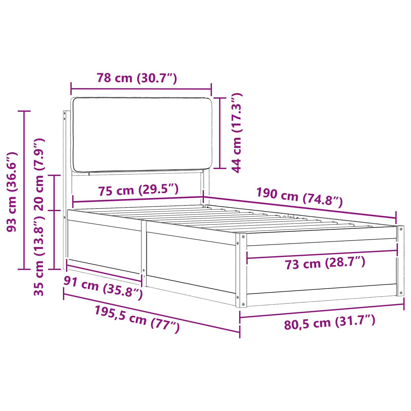 Bettgestell mit gepolstertem Kopfteil Dunkelgrau 75 x 190 cm
