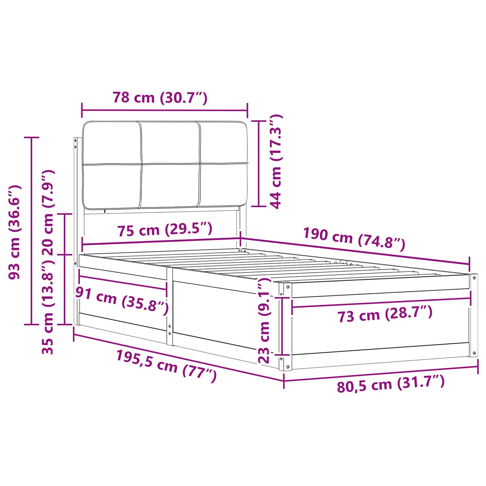 Bettgestell mit gepolstertem Kopfteil Dunkelgrau 75 x 190 cm