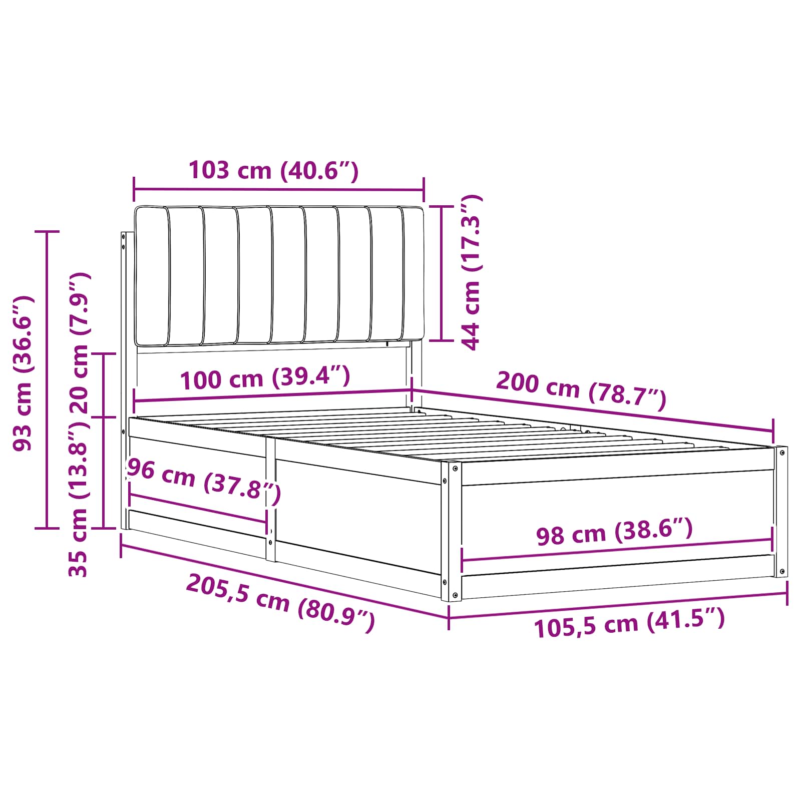Bettgestell mit gepolstertem Kopfteil Schwarz 100 x 200 cm