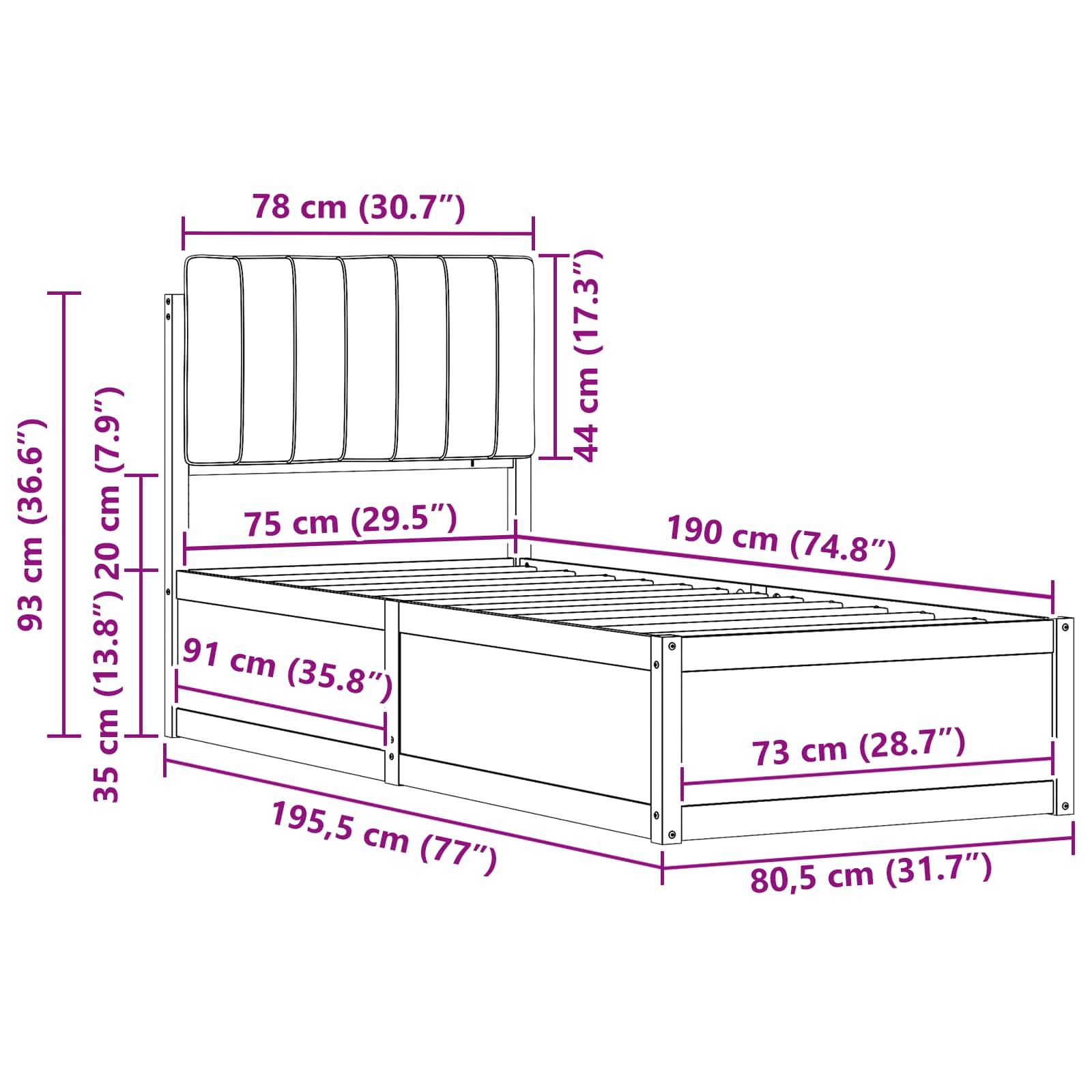 Bettgestell mit gepolstertem Kopfteil Dunkelgrau 75 x 190 cm