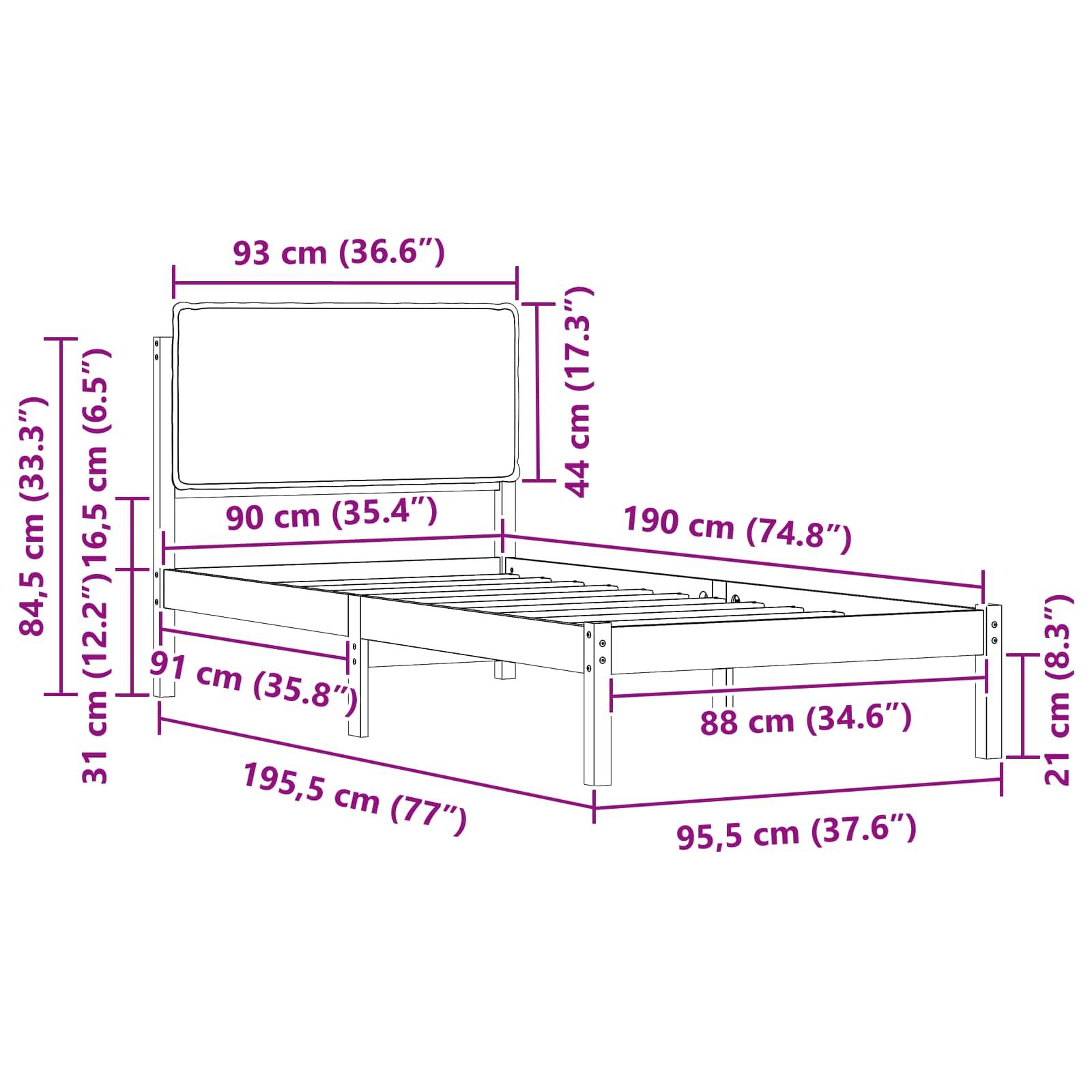 Bettgestell mit gepolstertem Kopfteil Dunkelgrau 90 x 190 cm