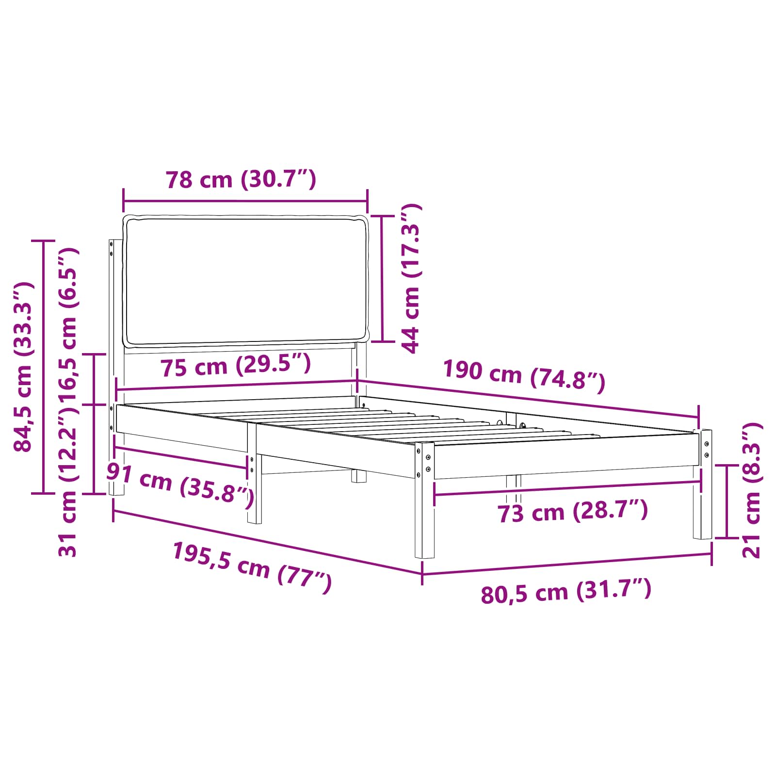 Bettgestell mit gepolstertem Kopfteil Dunkelgrau 75 x 190 cm