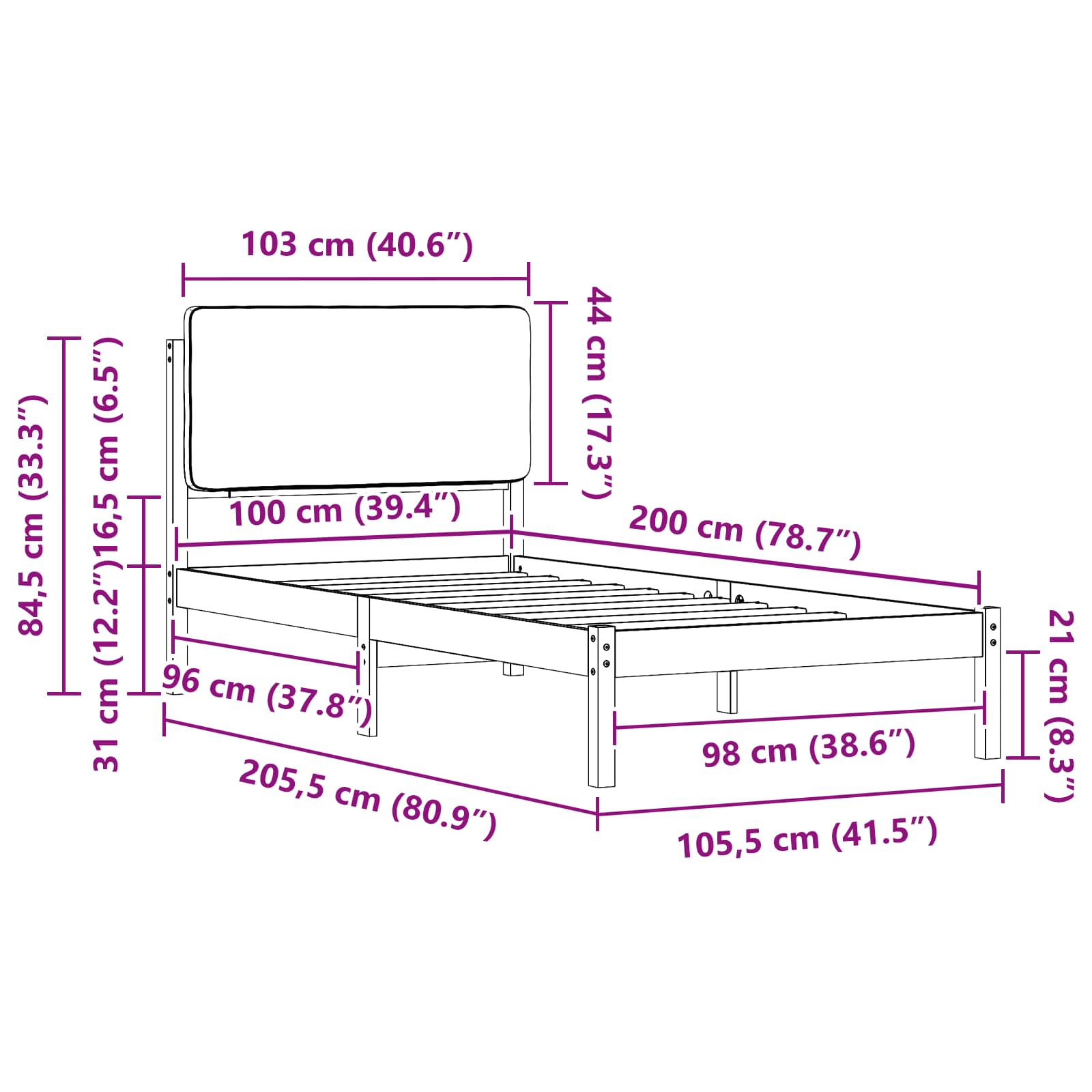 Bettgestell mit gepolstertem Kopfteil Hellgrau 100 x 200 cm