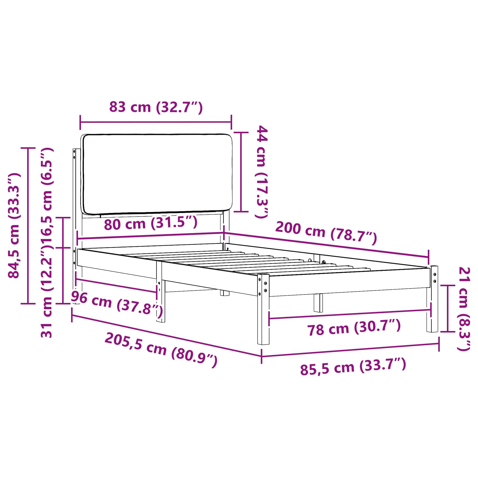 Bettgestell mit gepolstertem Kopfteil Dunkelgrau 80 x 200 cm