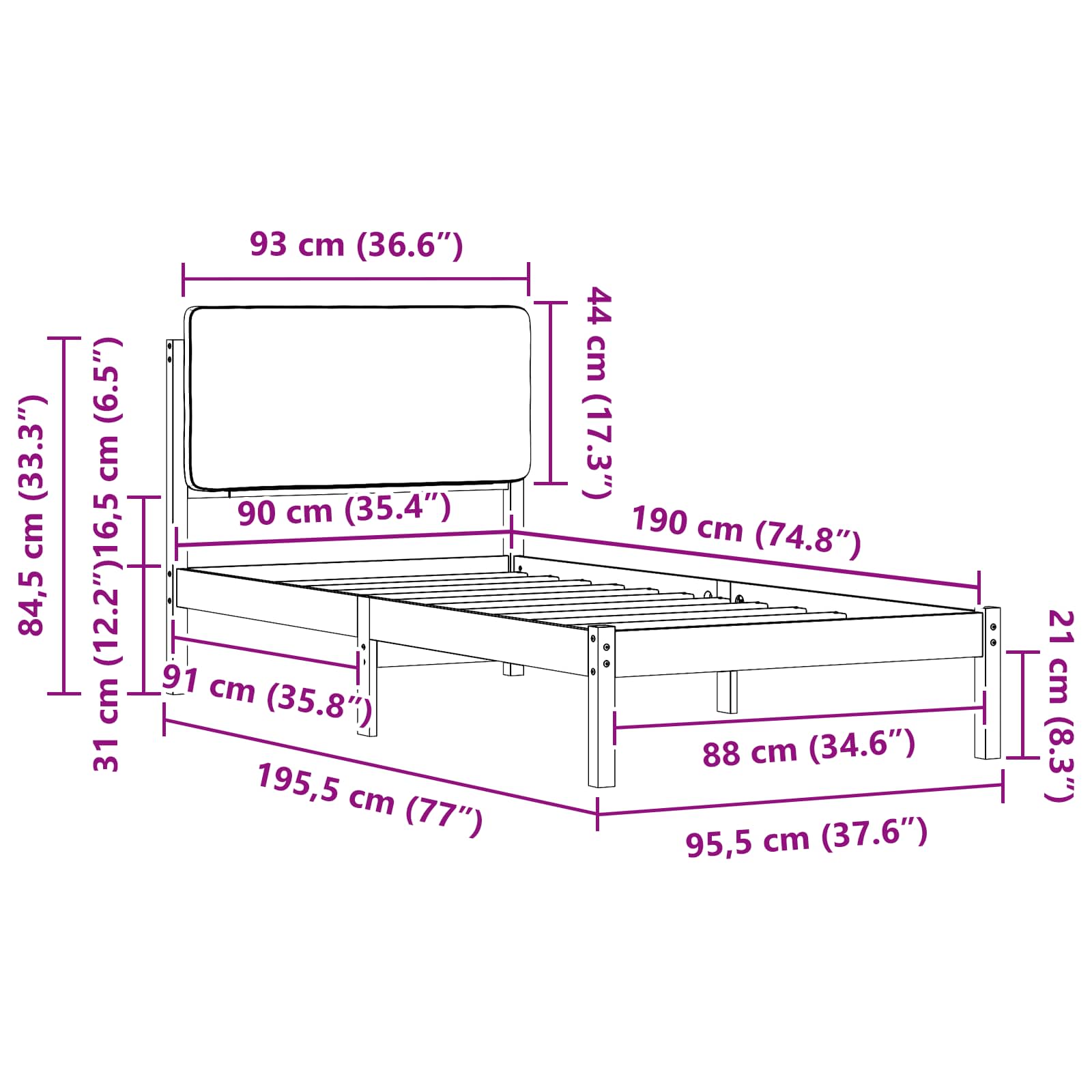 Bettgestell mit gepolstertem Kopfteil Schwarz 90 x 190 cm