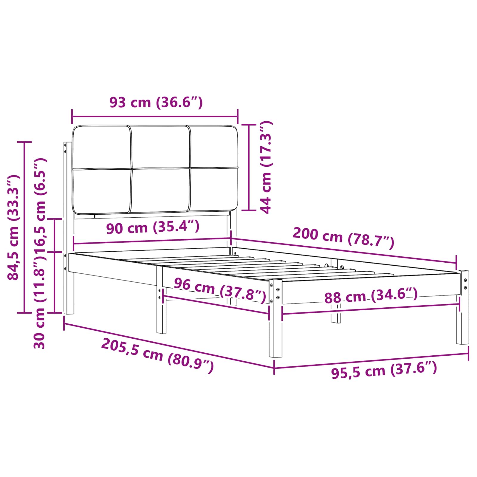 Bettgestell mit gepolstertem Kopfteil Dunkelgrau 90 x 200 cm