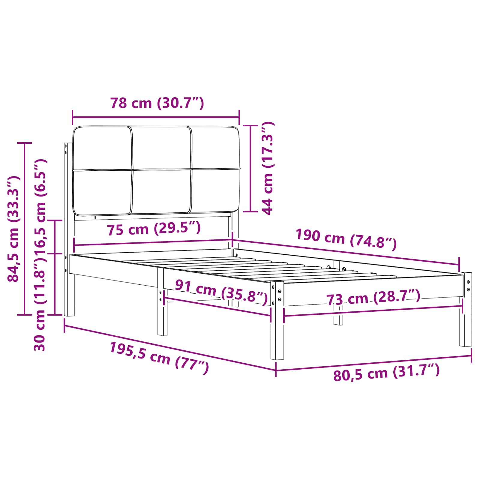 Bettgestell mit gepolstertem Kopfteil Schwarz 75 x 190 cm