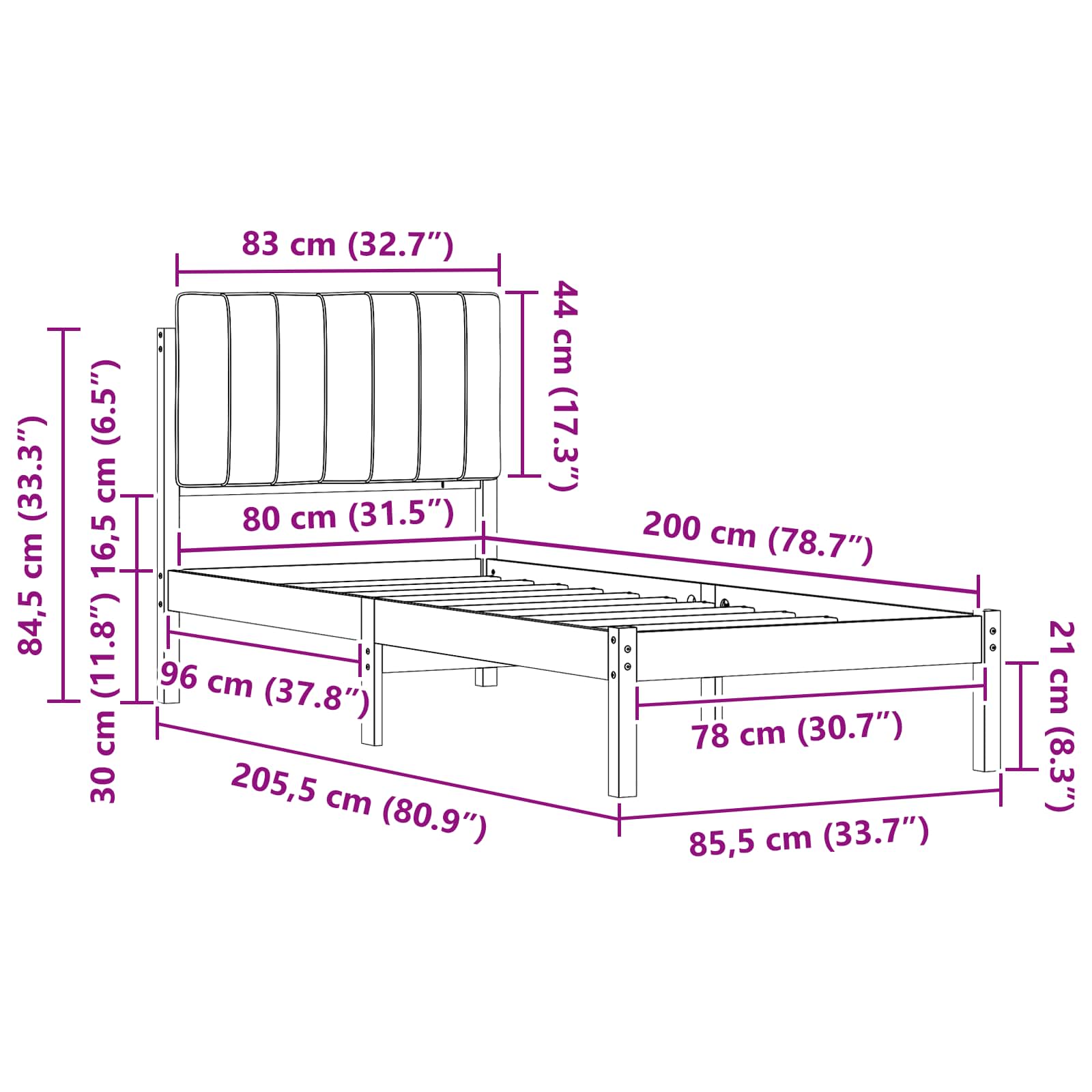 Bettgestell mit gepolstertem Kopfteil Schwarz 80 x 200 cm