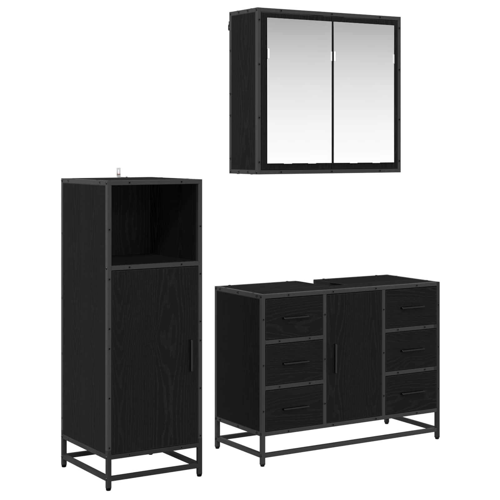 Badezimmermöbel-Set 3 pcs Schwarz Eichen-Optik Holzwerkstoff