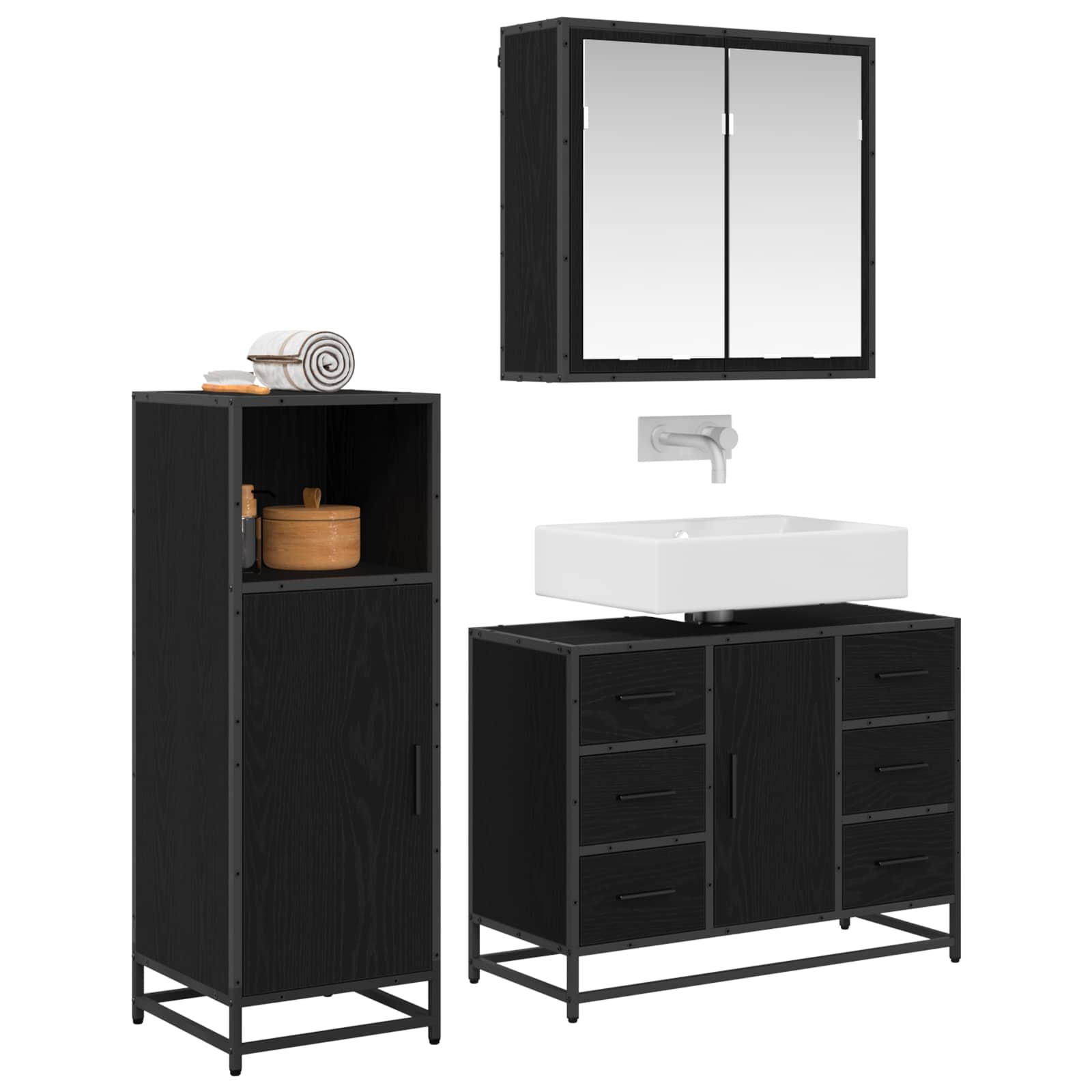 Badezimmermöbel-Set 3 pcs Schwarz Eichen-Optik Holzwerkstoff