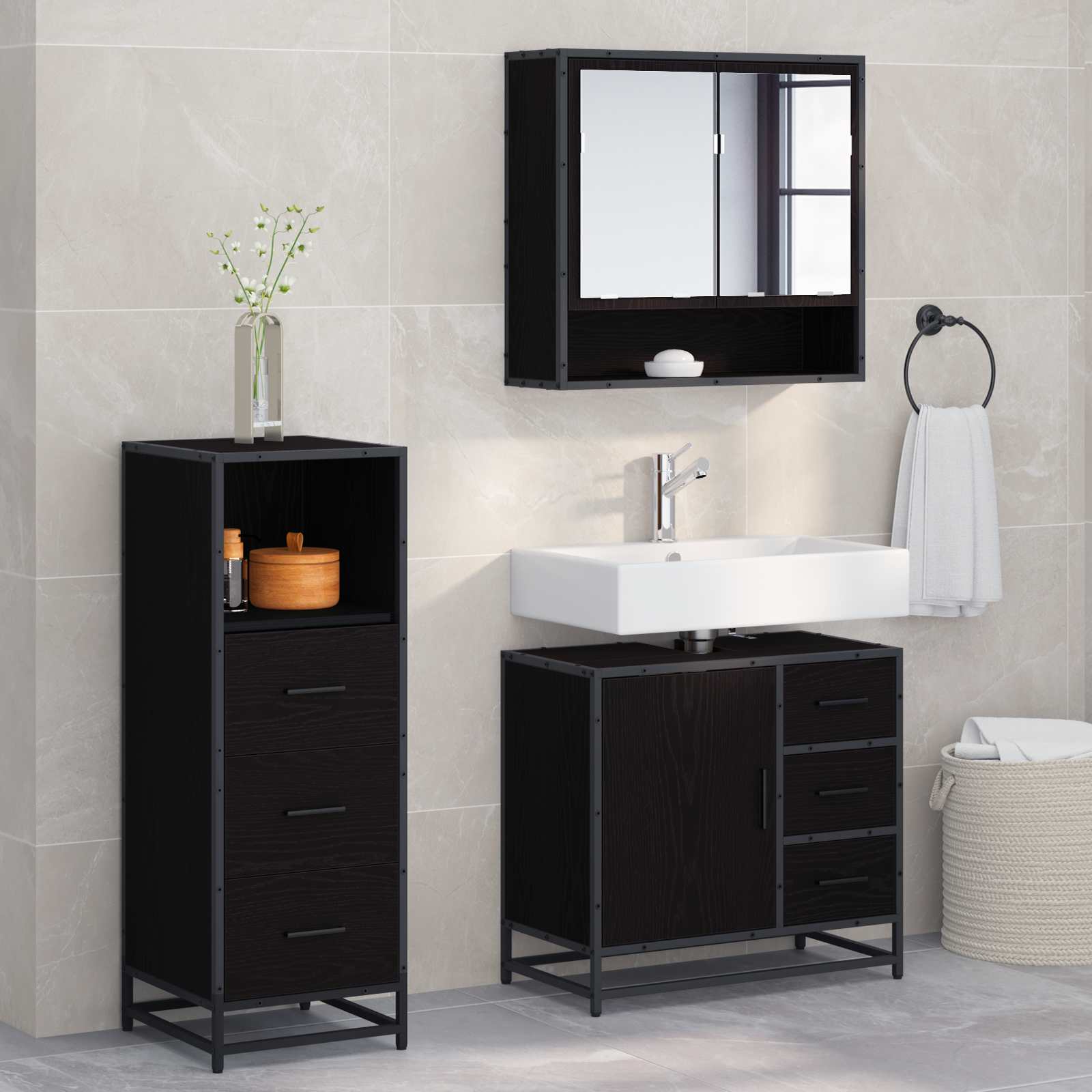 Badezimmermöbel-Set 3 pcs Schwarz Eichen-Optik Holzwerkstoff