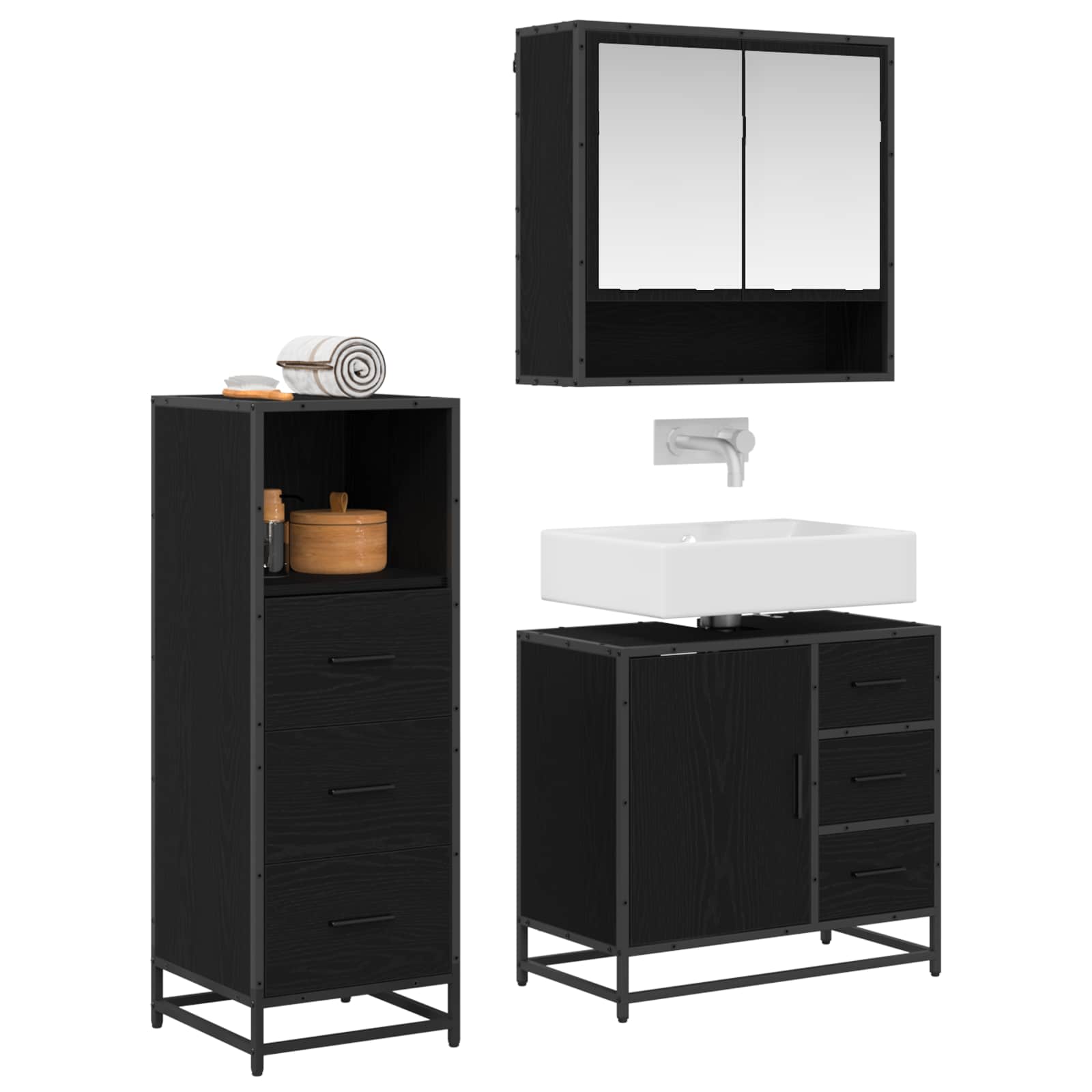 Badezimmermöbel-Set 3 pcs Schwarz Eichen-Optik Holzwerkstoff