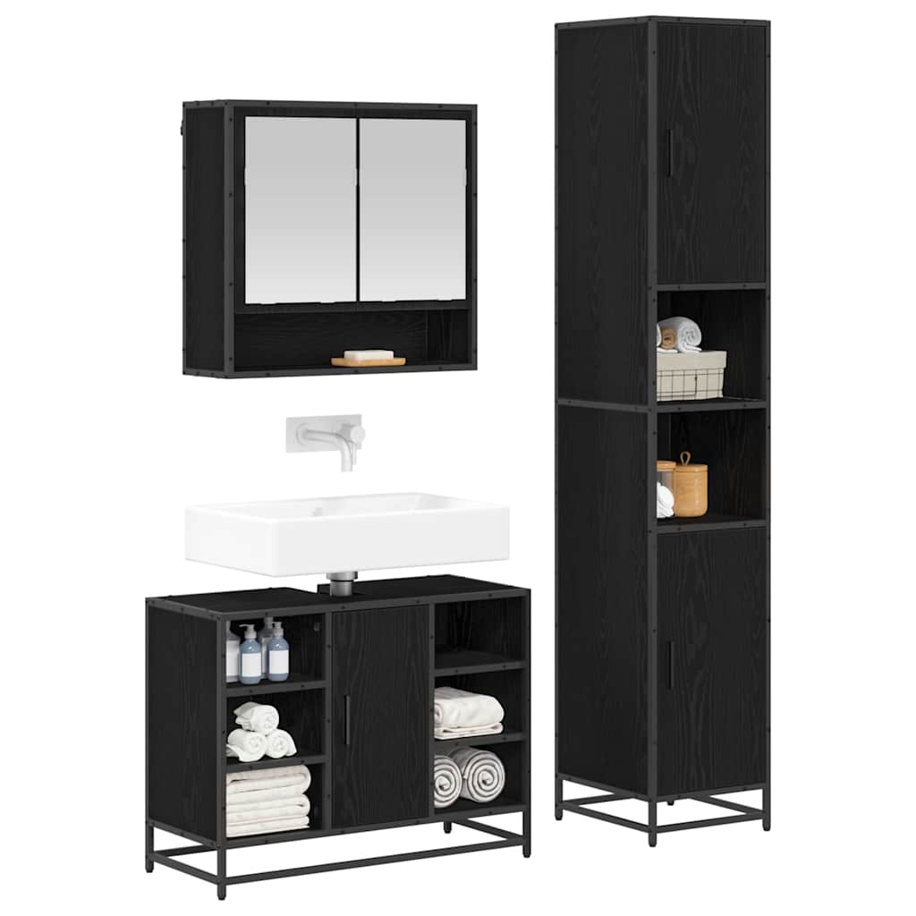 Badezimmermöbel-Set 3 pcs Schwarz Eichen-Optik Holzwerkstoff