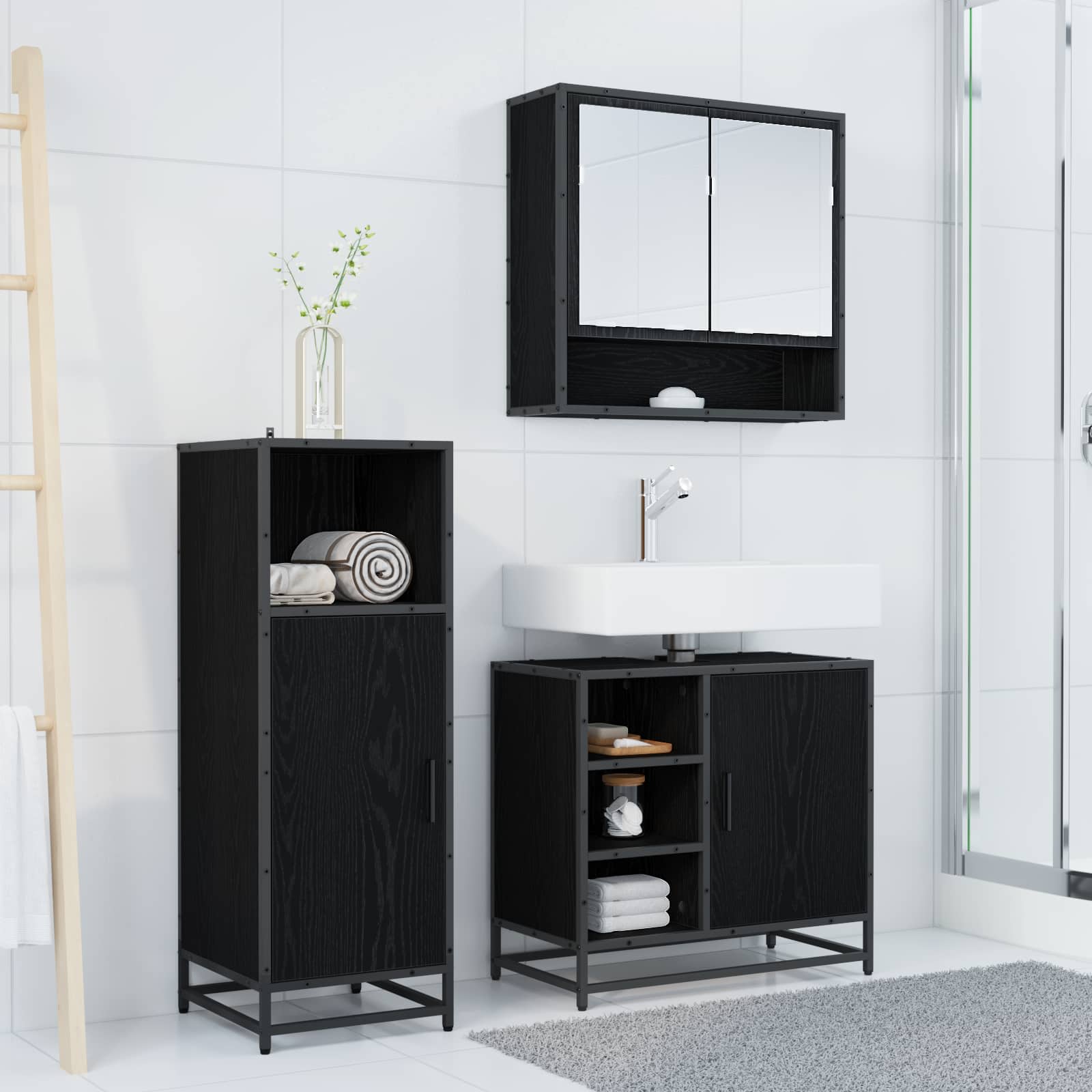 Badezimmermöbel-Set 3 pcs Schwarz Eichen-Optik Holzwerkstoff