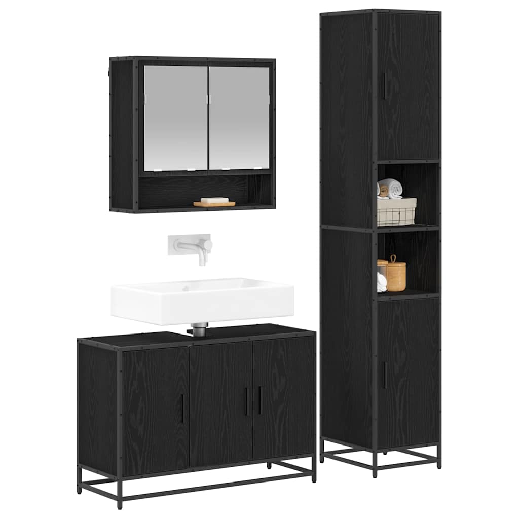 Badezimmermöbel-Set 3 pcs Schwarz Eichen-Optik Holzwerkstoff
