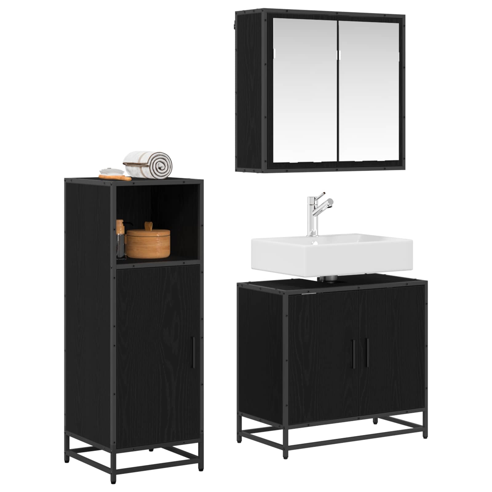 Badezimmermöbel-Set 3 pcs Schwarz Eichen-Optik Holzwerkstoff