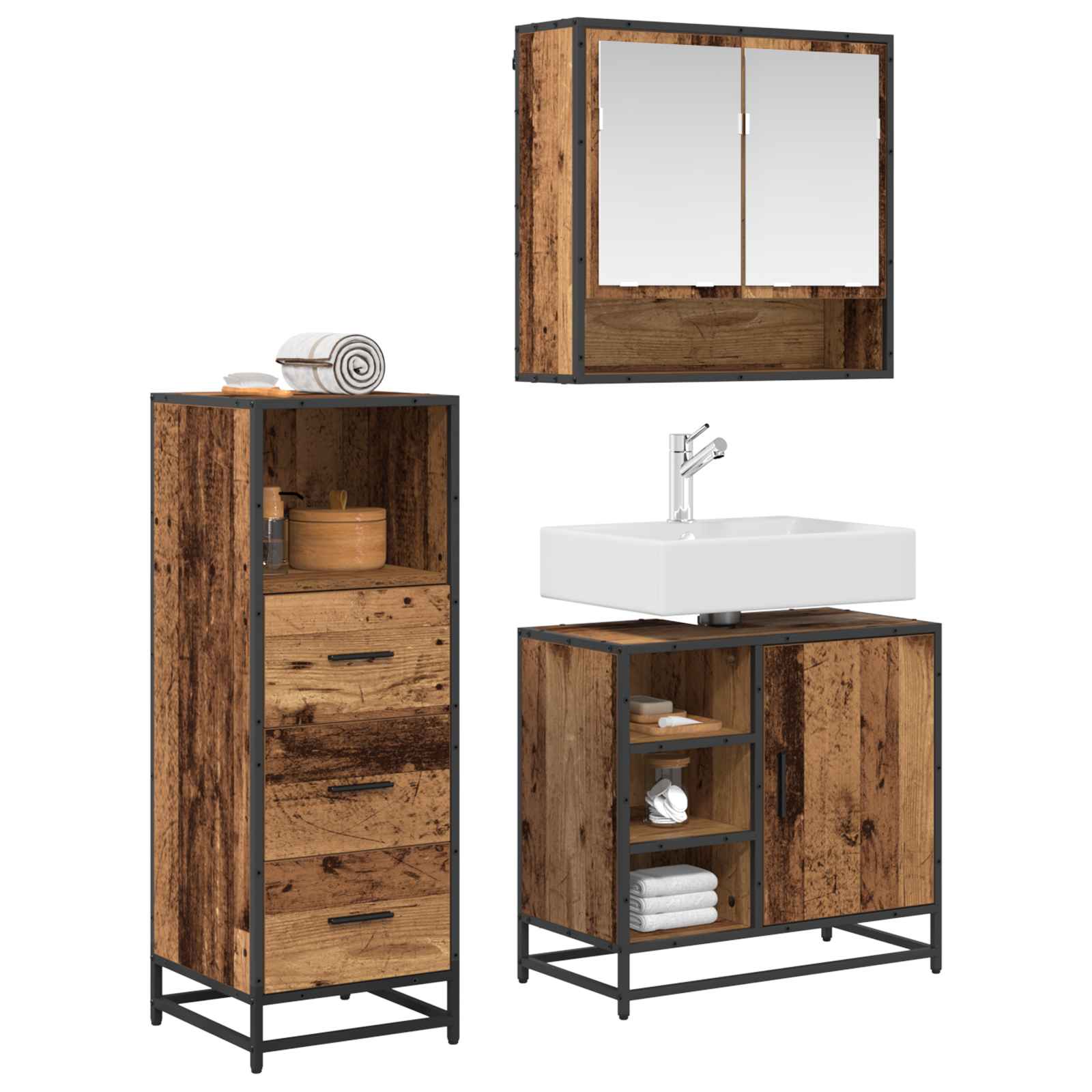 Badezimmermöbel-Set mit Schubladen 3 pcs Altholz Holzwerkstoff