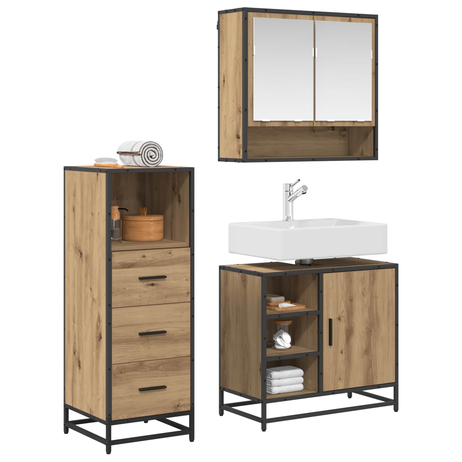 Badezimmermöbel-Set mit Regal 3 pcs Artisan-Eiche Holzwerkstoff