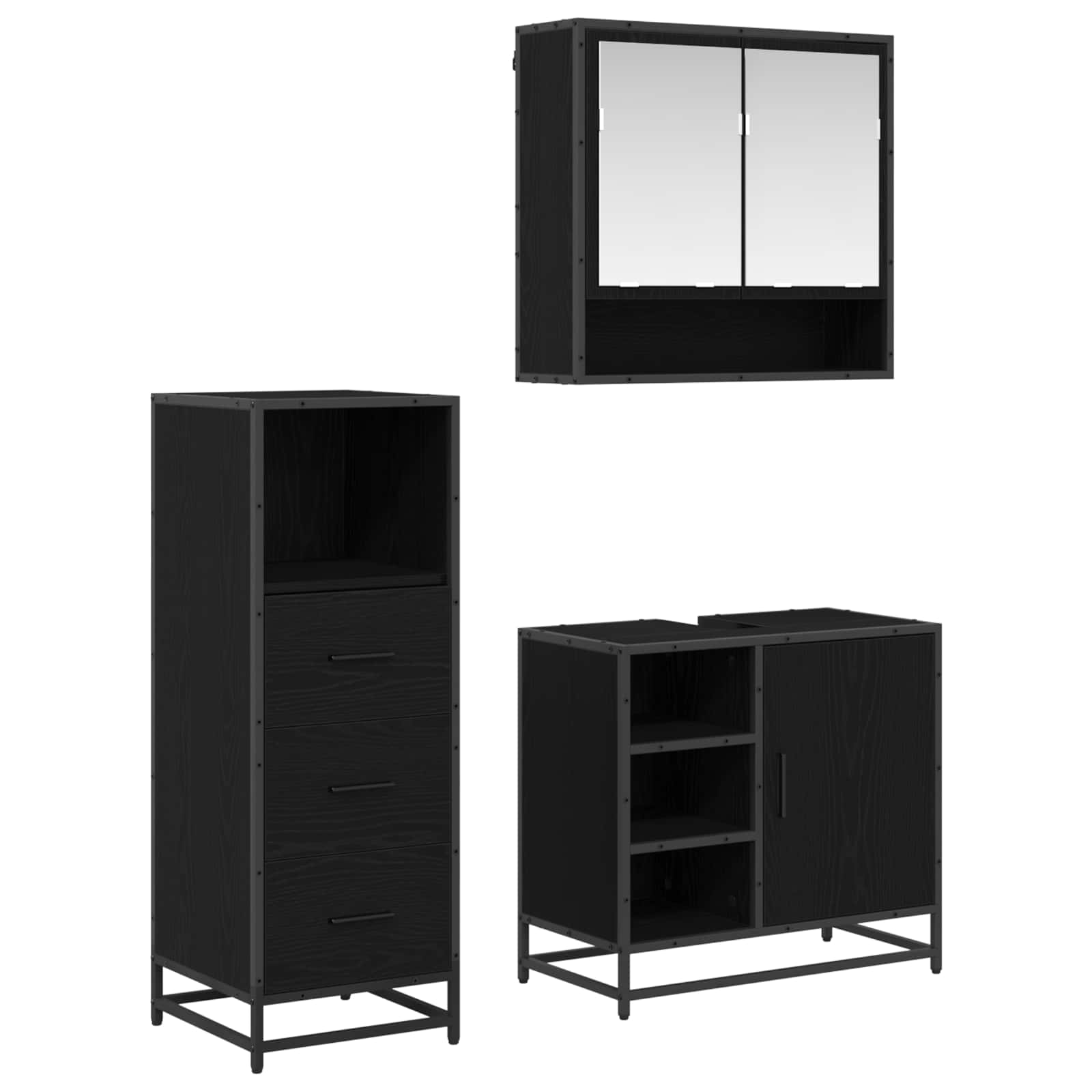 Badezimmermöbel-Set 3 pcs Schwarz Eichen-Optik Holzwerkstoff
