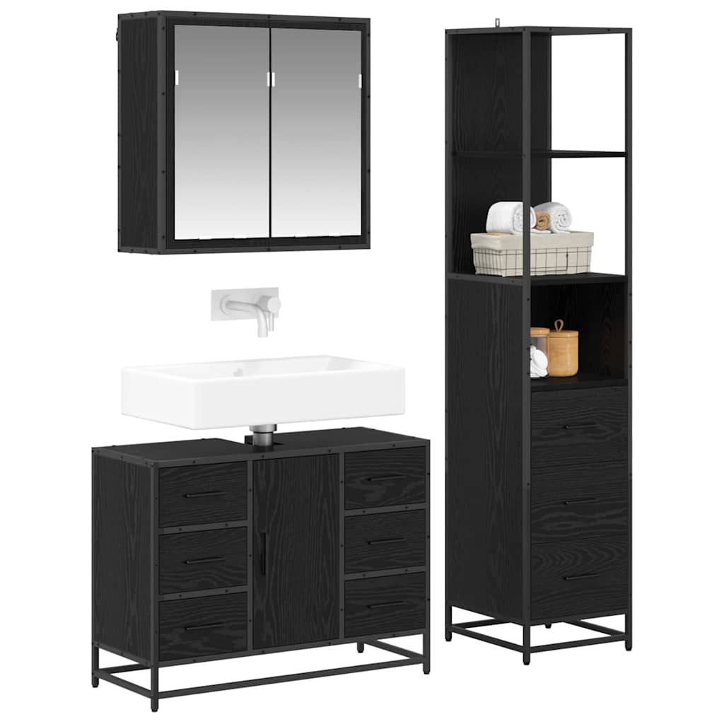 Badezimmermöbel-Set 3 pcs Schwarz Eichen-Optik Holzwerkstoff