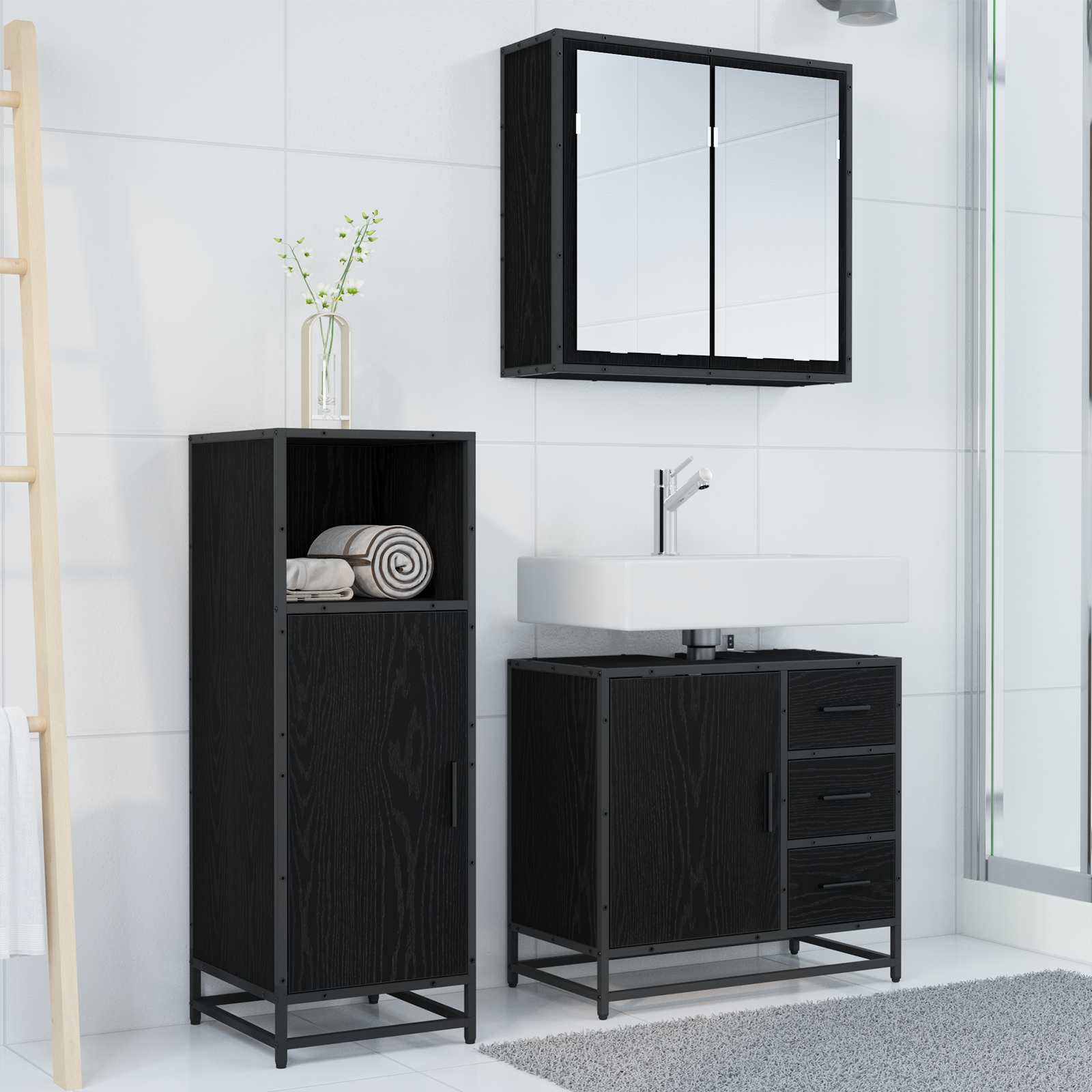 Badezimmermöbel-Set 3 pcs Schwarz Eichen-Optik Holzwerkstoff