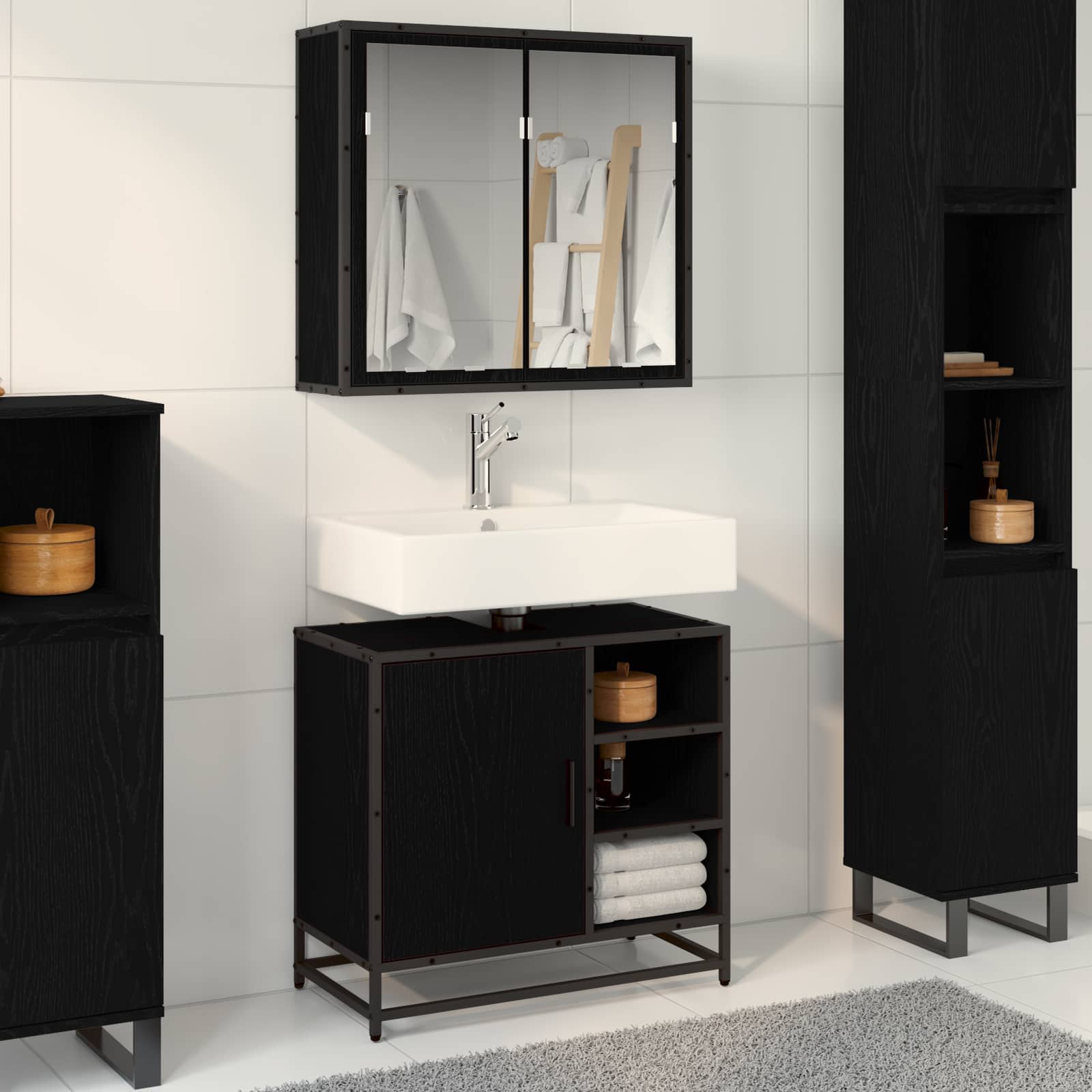 Badezimmermöbel-Set 2 pcs Schwarz Eichen-Optik Holzwerkstoff