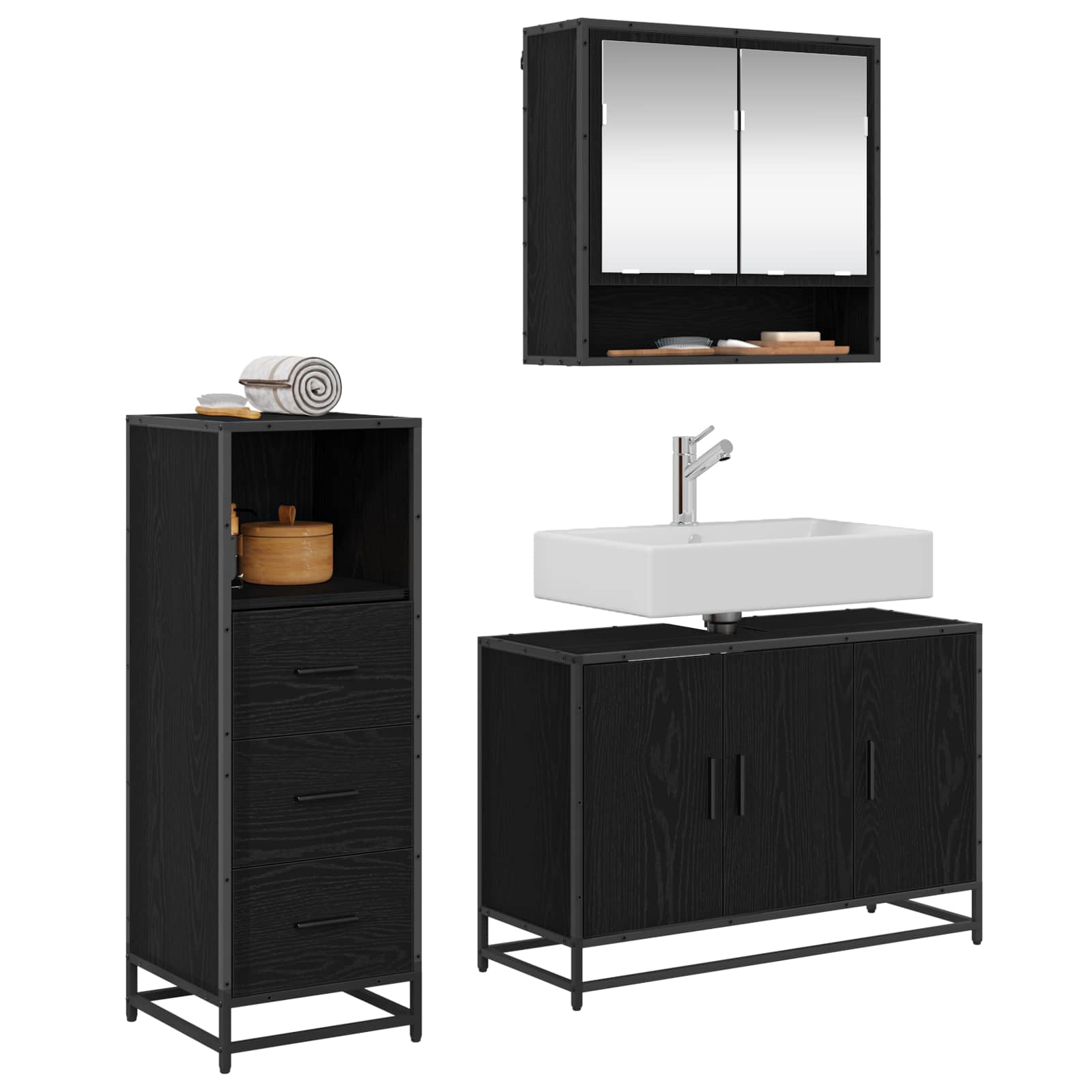 Badezimmermöbel-Set 3 pcs Schwarz Eichen-Optik Holzwerkstoff