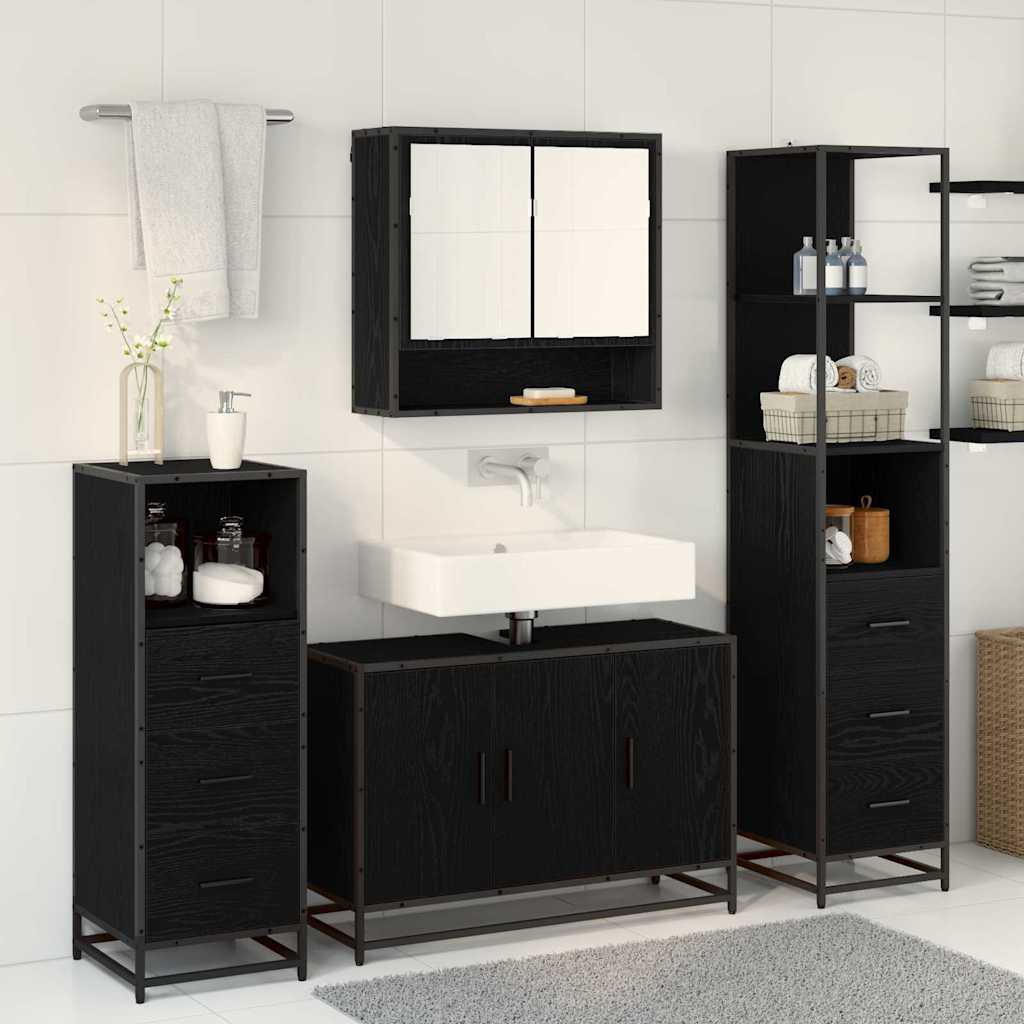 Badezimmermöbel-Set 3 pcs Schwarz Eichen-Optik Holzwerkstoff