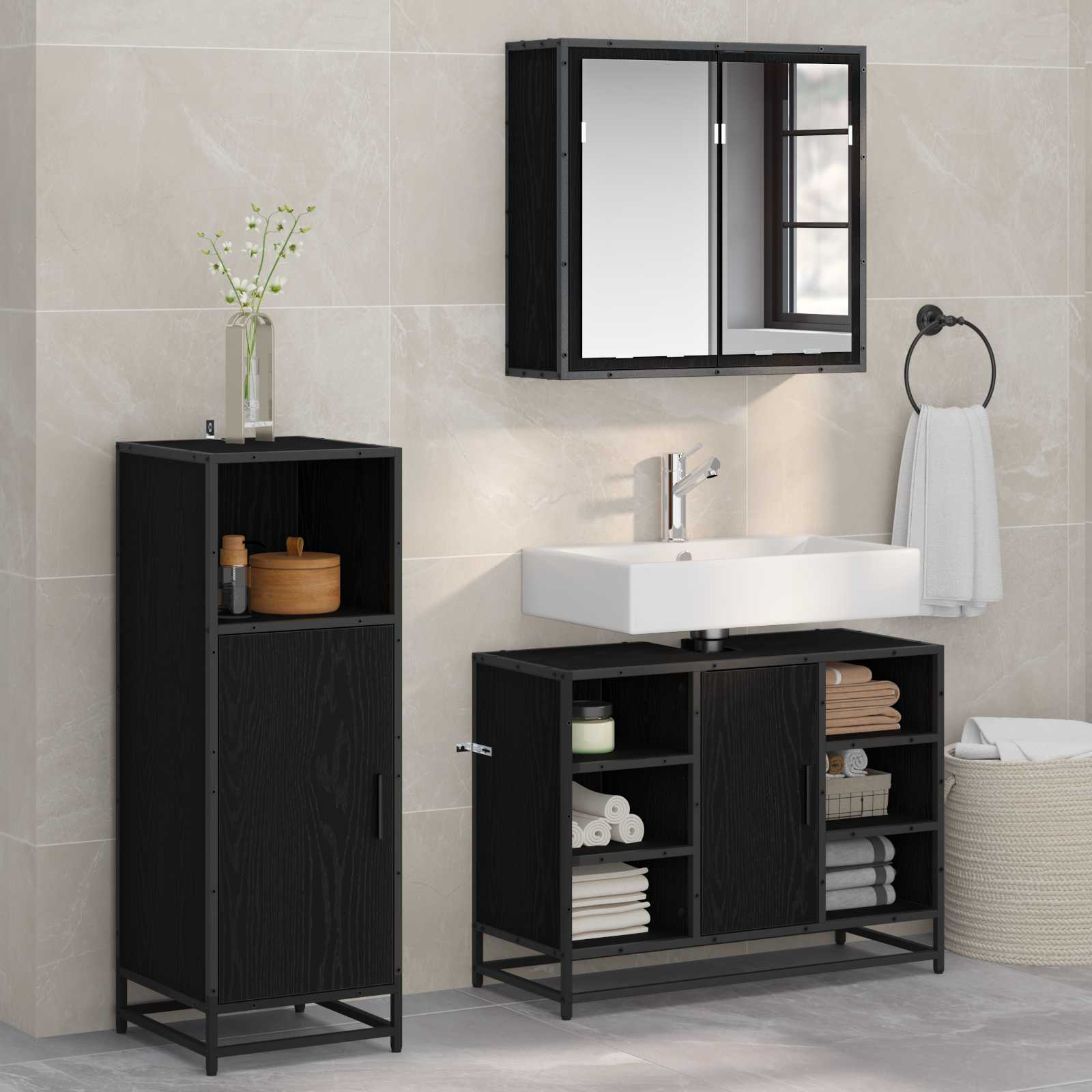 Badezimmermöbel-Set 3 pcs Schwarz Eichen-Optik Holzwerkstoff