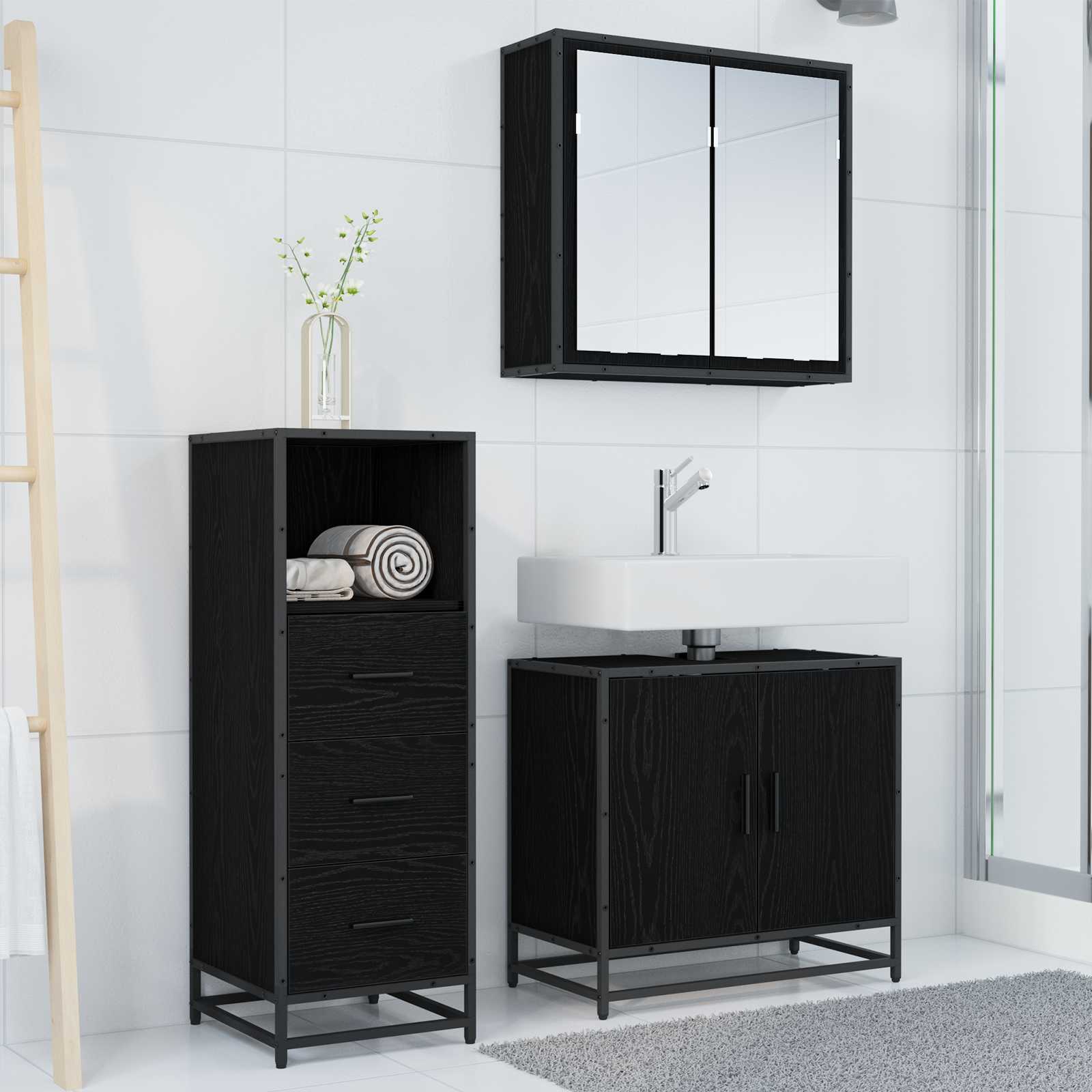 Badezimmermöbel-Set 3 pcs Schwarz Eichen-Optik Holzwerkstoff