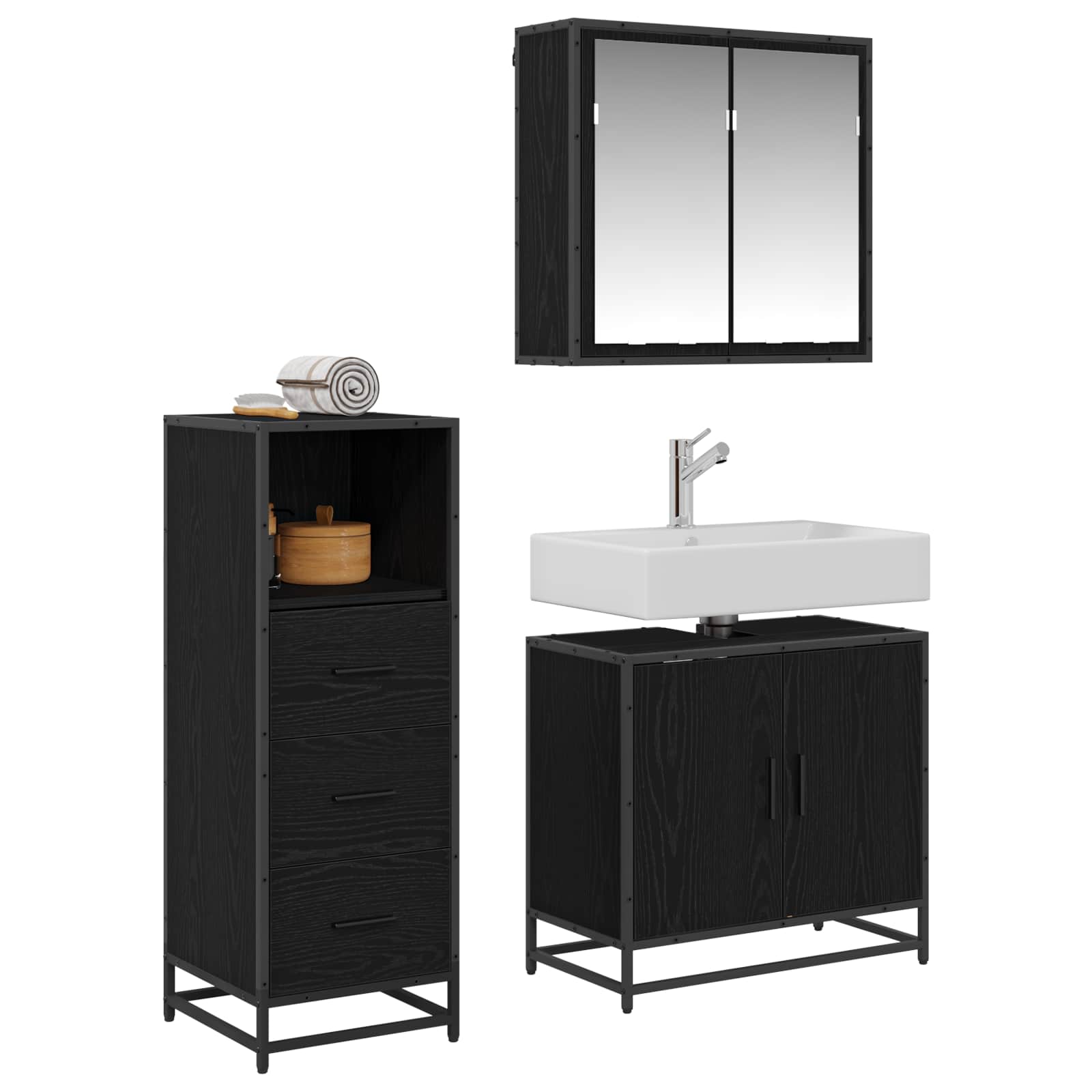 Badezimmermöbel-Set 3 pcs Schwarz Eichen-Optik Holzwerkstoff