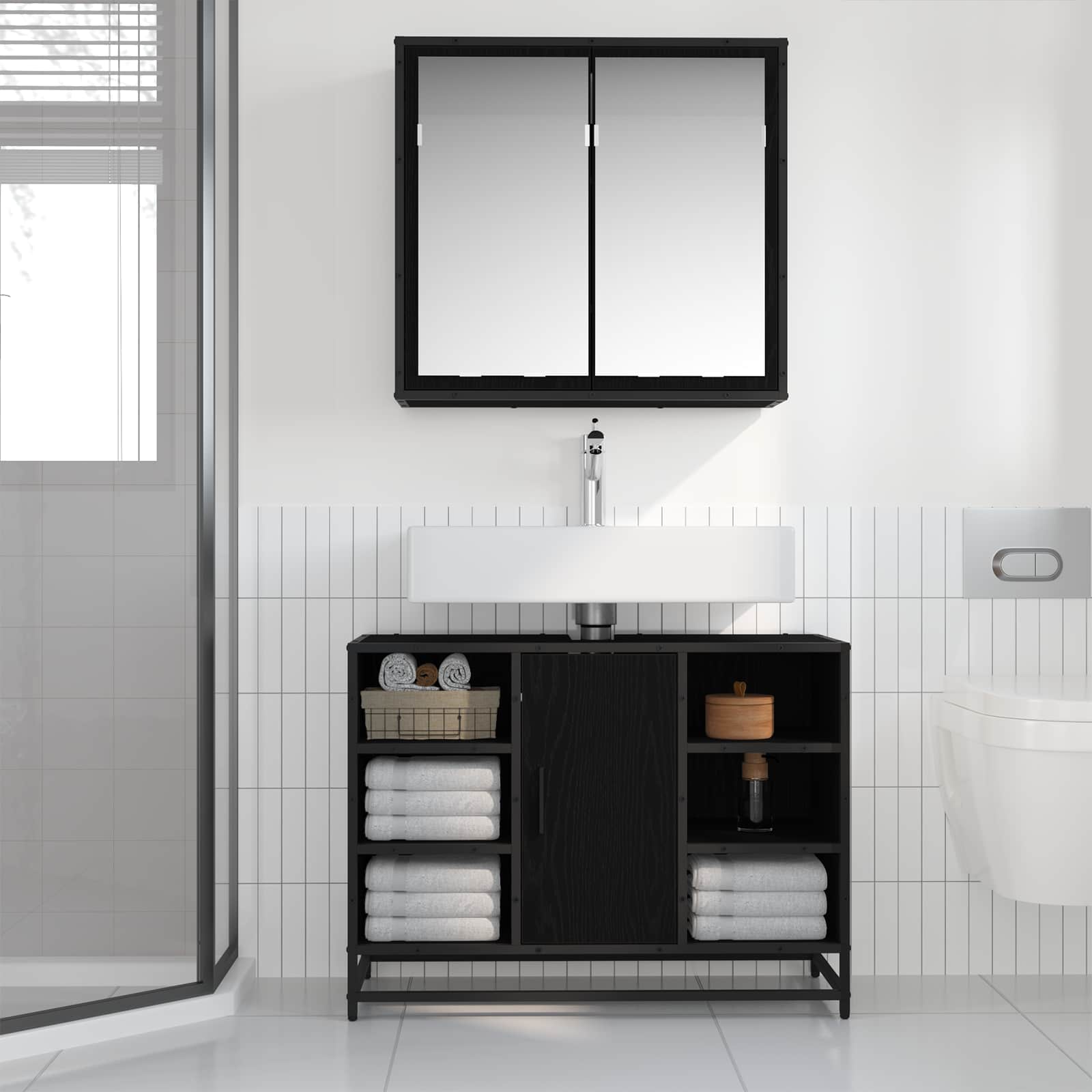 Badezimmermöbel-Set 2 pcs Schwarz Eichen-Optik Holzwerkstoff