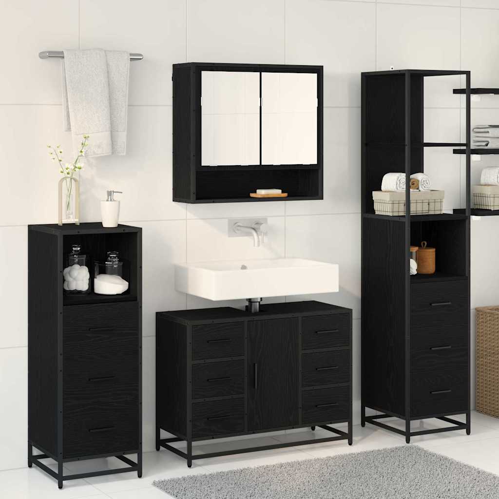 Badezimmermöbel-Set 3 pcs Schwarz Eichen-Optik Holzwerkstoff