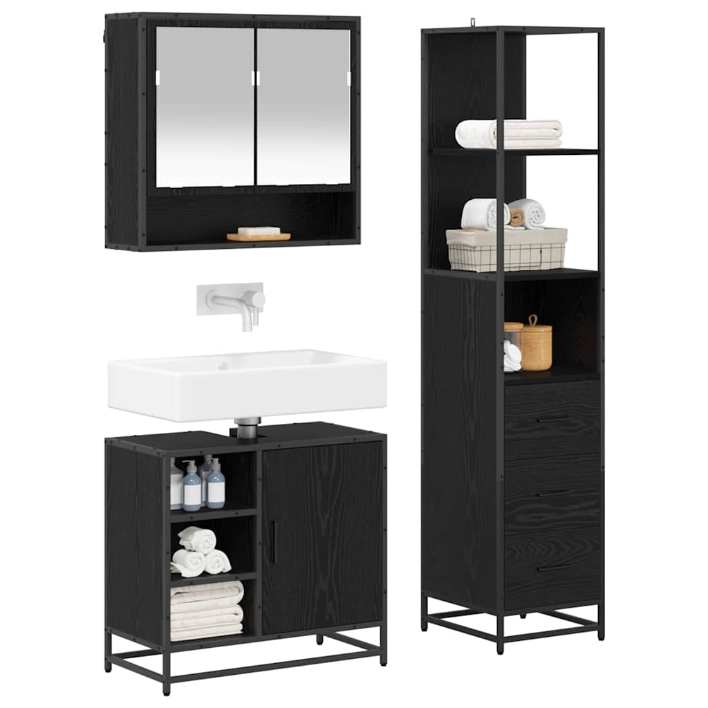 Badezimmermöbel-Set 3 pcs Schwarz Eichen-Optik Holzwerkstoff