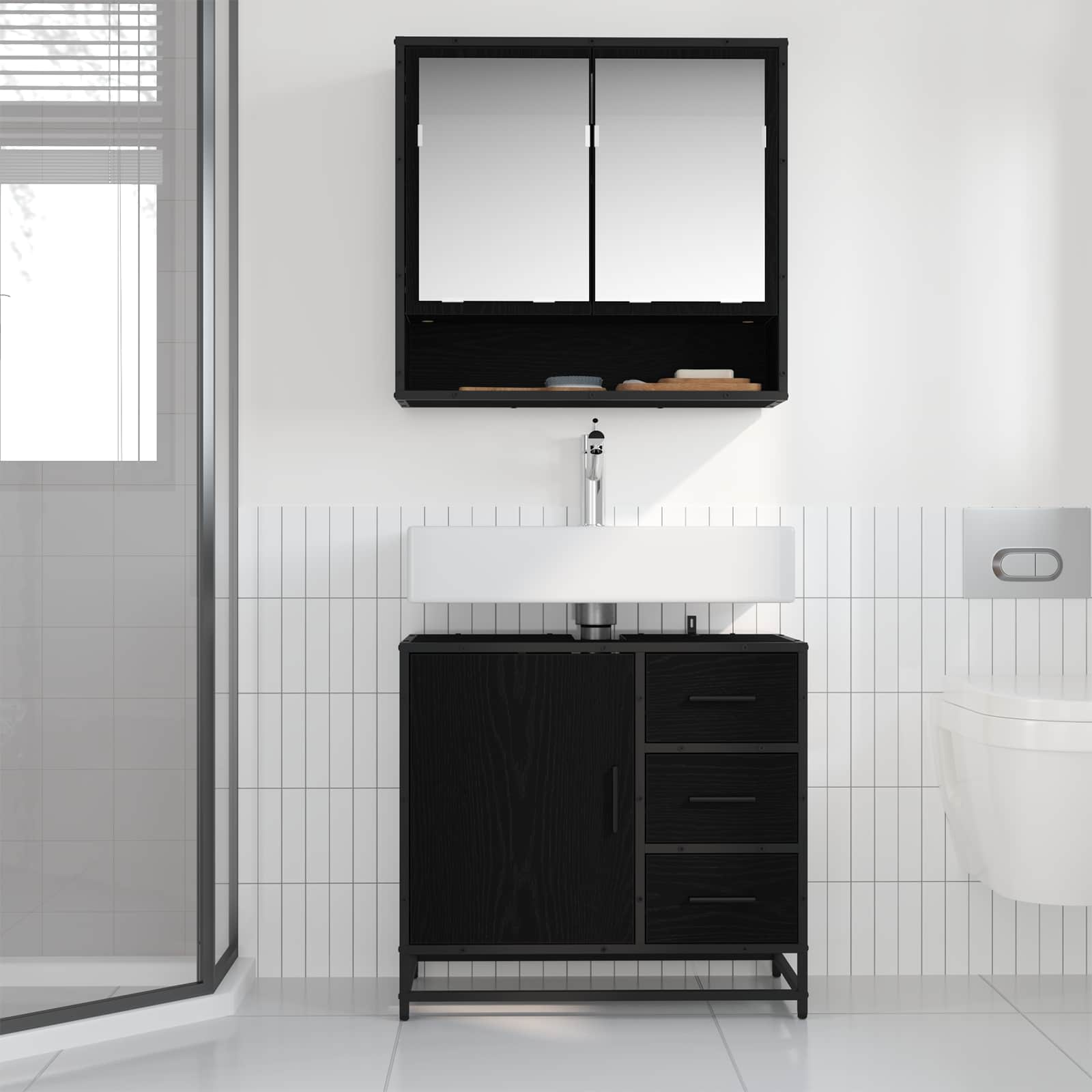 Badezimmermöbel-Set 2 pcs Schwarz Eichen-Optik Holzwerkstoff