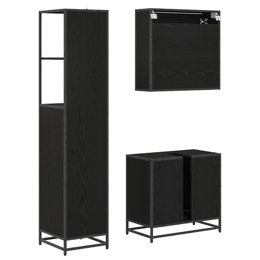Badezimmermöbel-Set 3 pcs Schwarz Eichen-Optik Holzwerkstoff