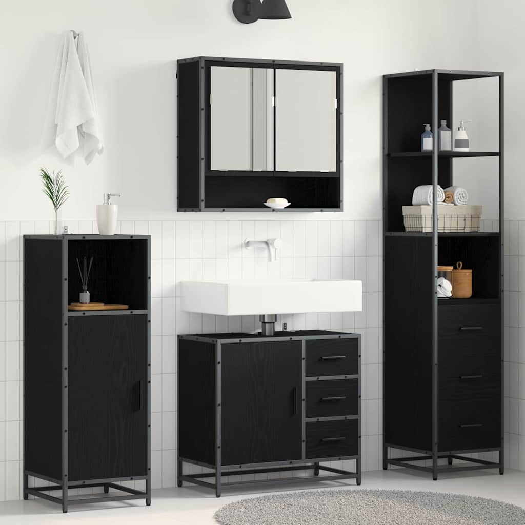 Badezimmermöbel-Set 3 pcs Schwarz Eichen-Optik Holzwerkstoff