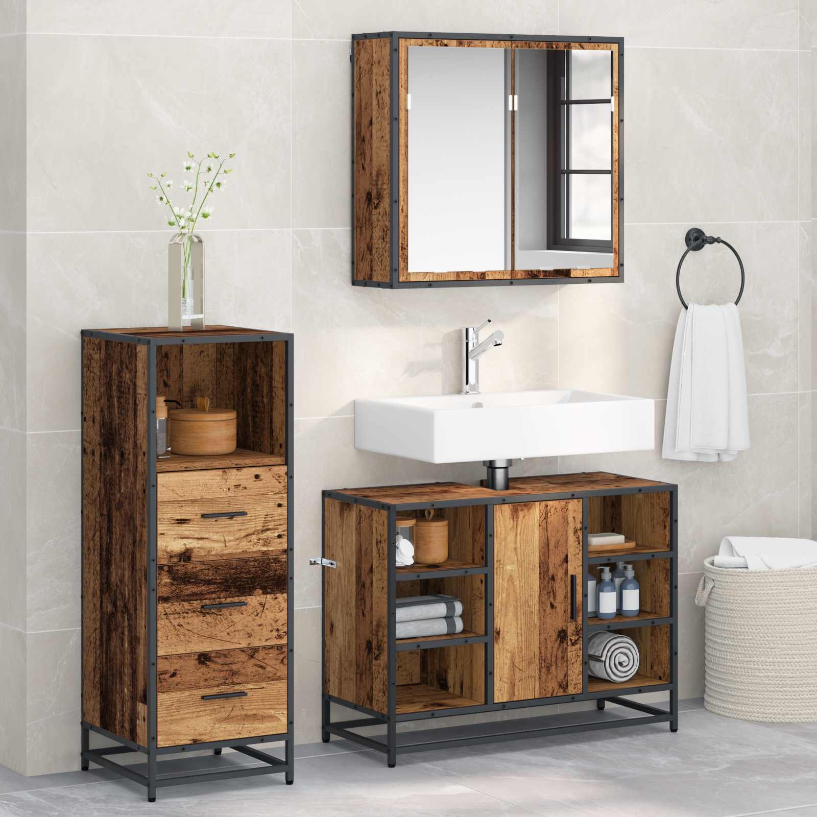 Badezimmermöbel-Set mit Schubladen 3 pcs Altholz Holzwerkstoff