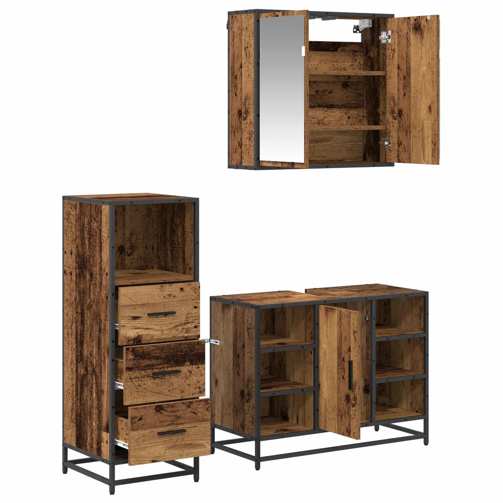 Badezimmermöbel-Set mit Schubladen 3 pcs Altholz Holzwerkstoff