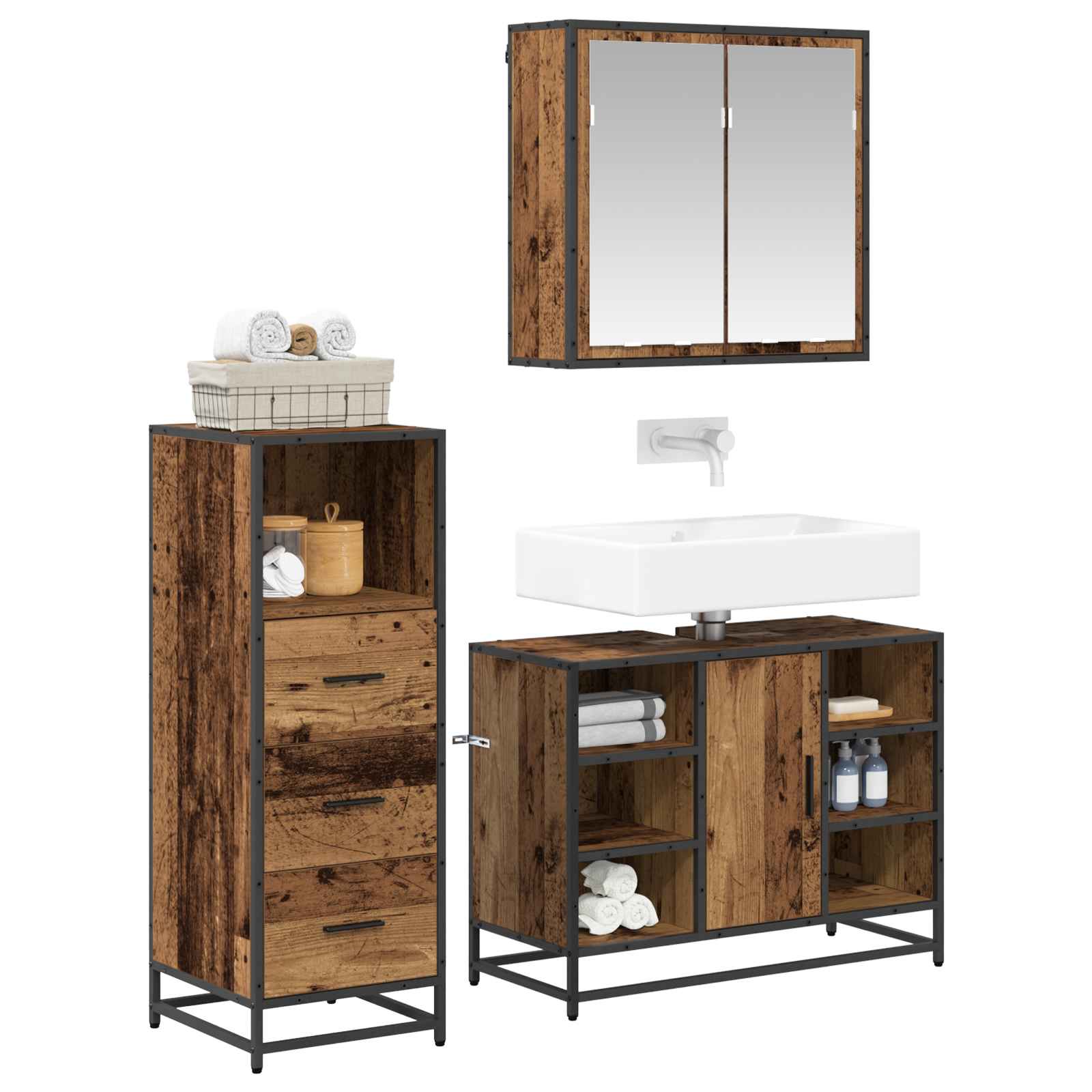 Badezimmermöbel-Set mit Schubladen 3 pcs Altholz Holzwerkstoff