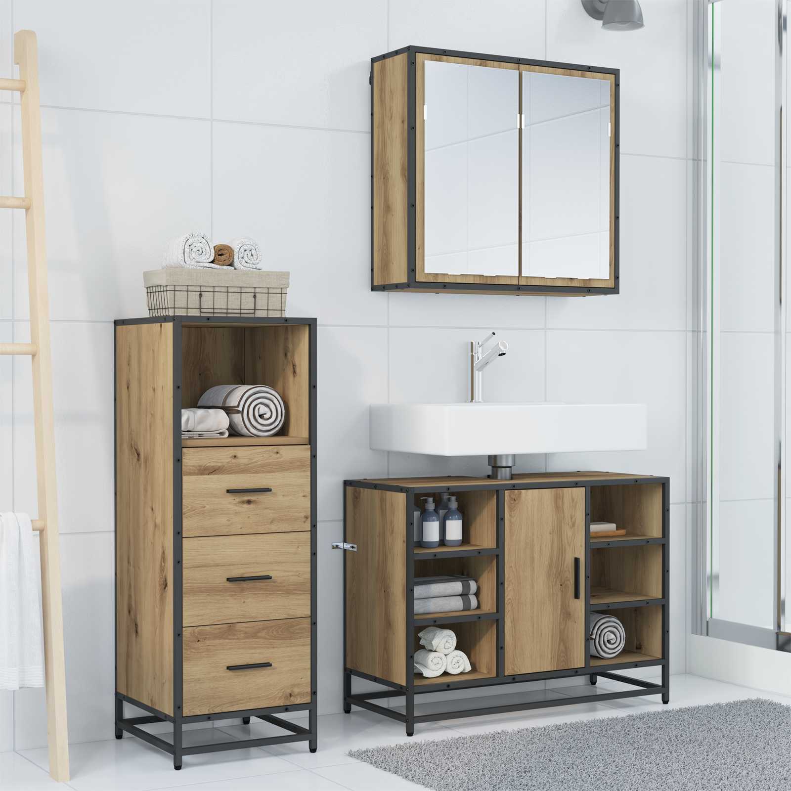 Badezimmermöbel-Set mit Regal 3 pcs Artisan-Eiche Holzwerkstoff