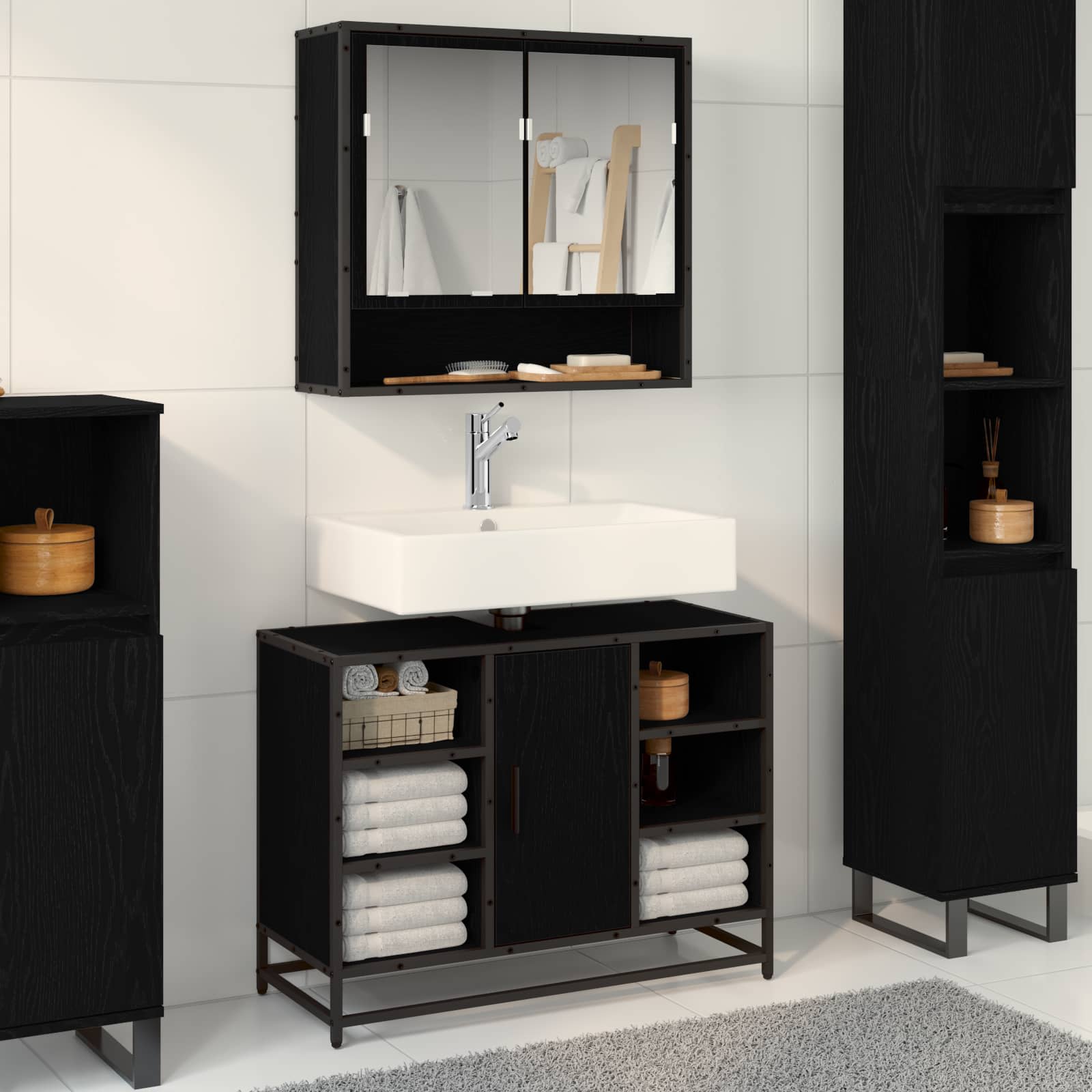 Badezimmermöbel-Set 2 pcs Schwarz Eichen-Optik Holzwerkstoff